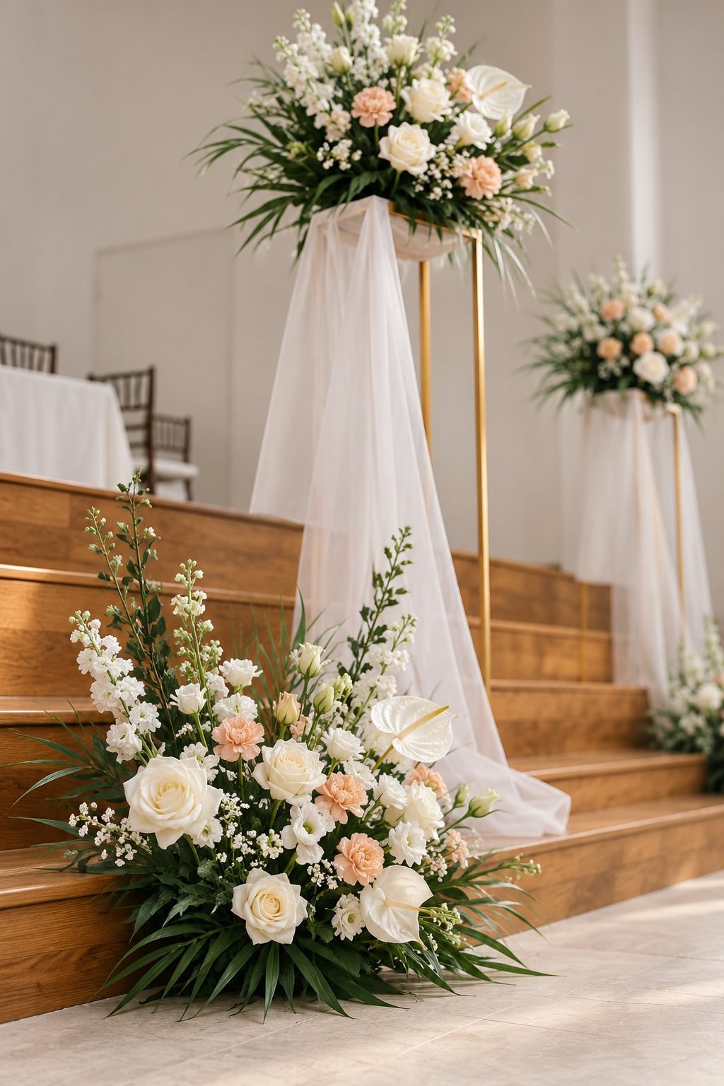 Low white and blush floral arrangements on wooden steps beneath tall gold stands draped with tulle