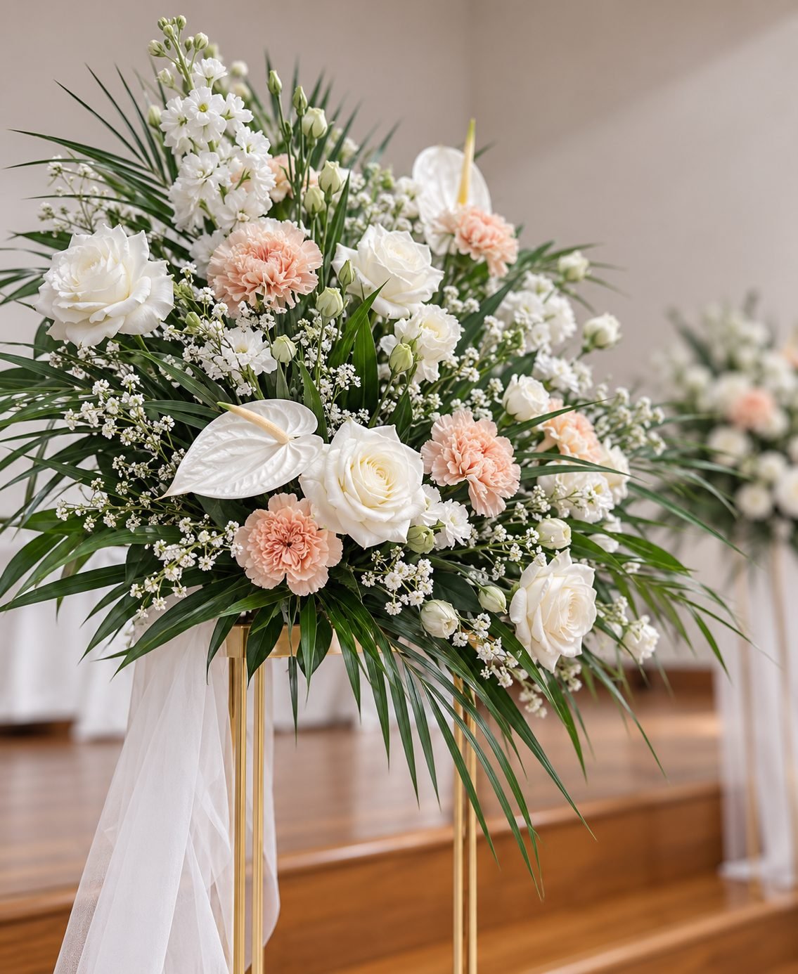 Close detail of white roses, blush flowers and green foliage on a gold stand with tulle