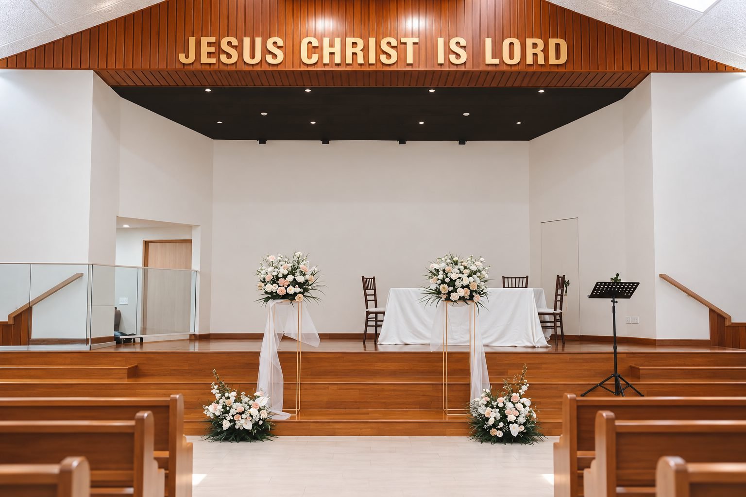 Wide view of the church ceremony stage with gold stands and white florals, seen from the wooden pews