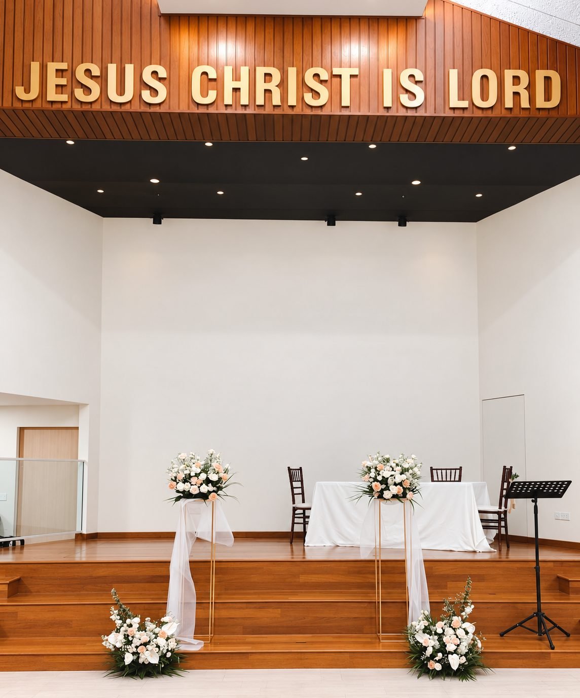 White and blush florals on gold stands on a church stage