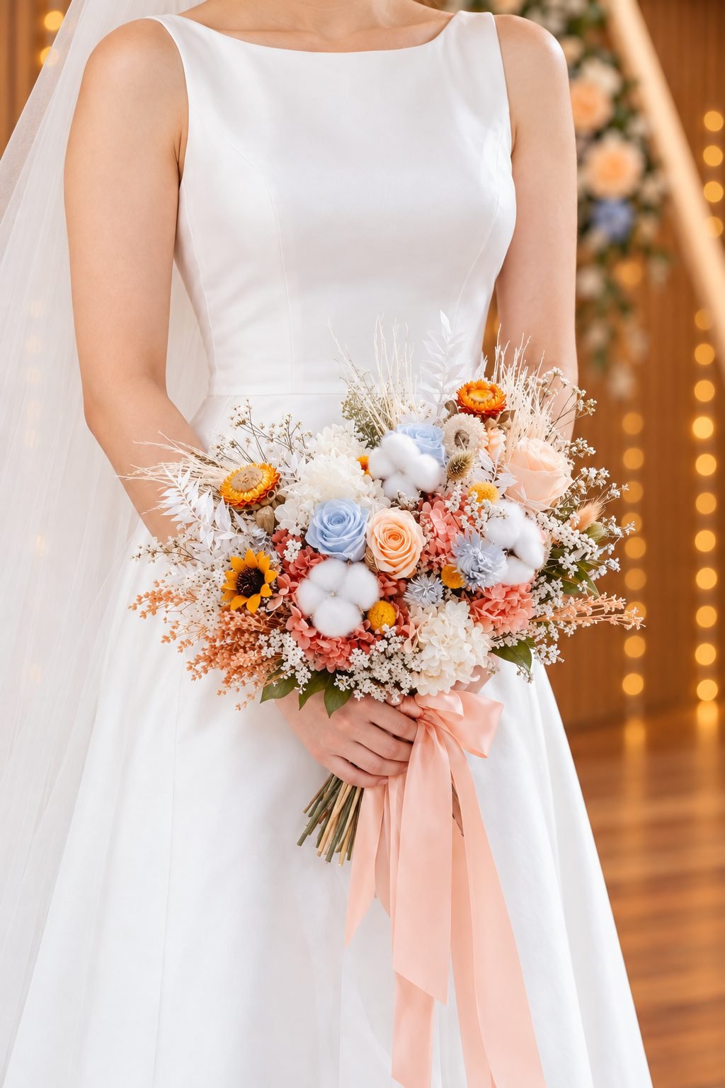 Bride in a white sleeveless dress holding a textured peach, white and blue bouquet with a flowing peach ribbon