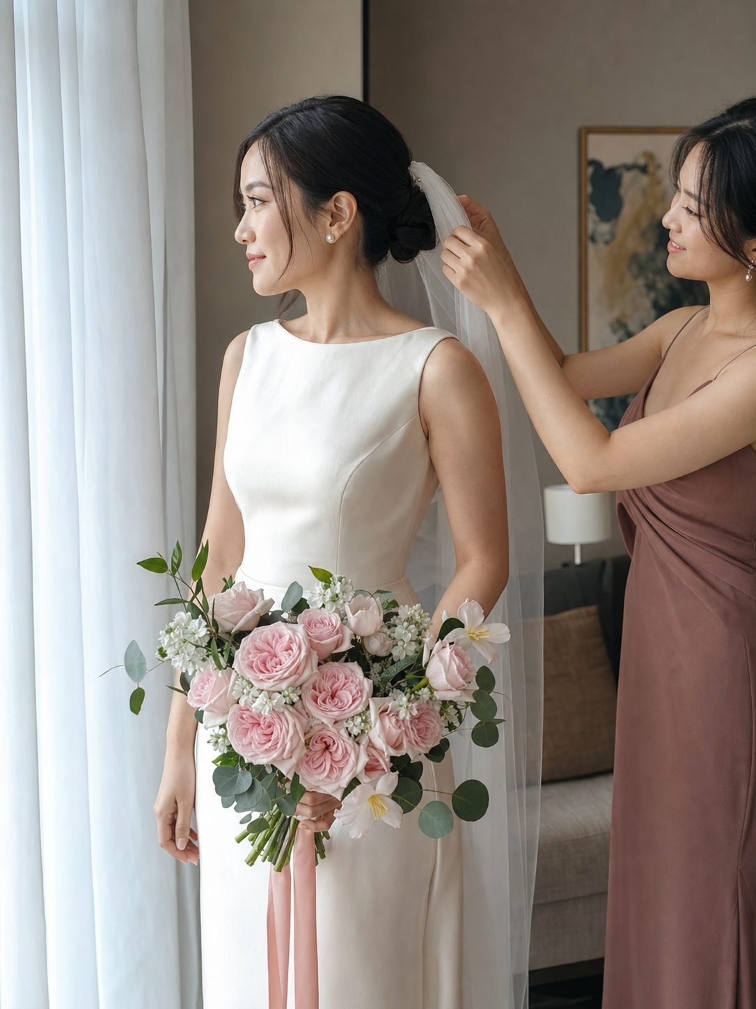 Adoria romantic · round bridal bouquet in blush, ivory, white and soft green — detail view