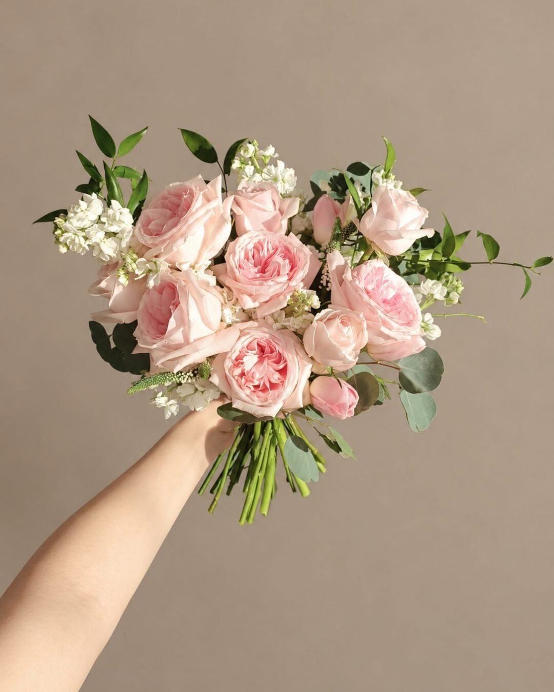 Adoria romantic · round bridal bouquet in blush, ivory, white and soft green