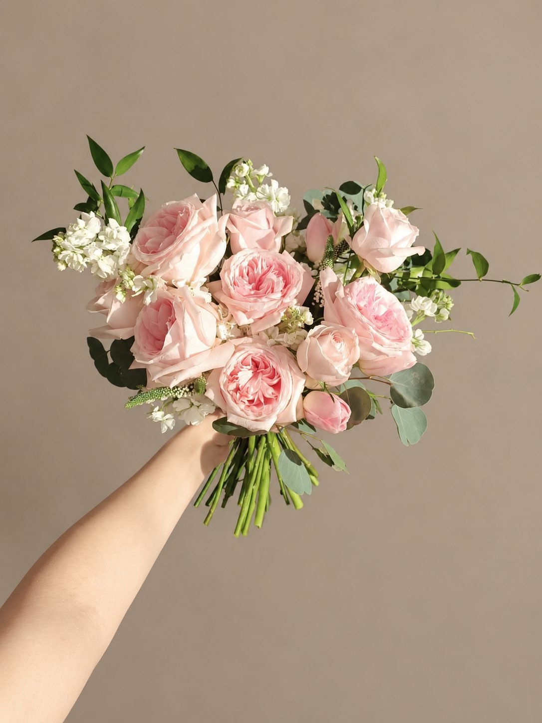 Adoria romantic · round bridal bouquet in blush, ivory, white and soft green