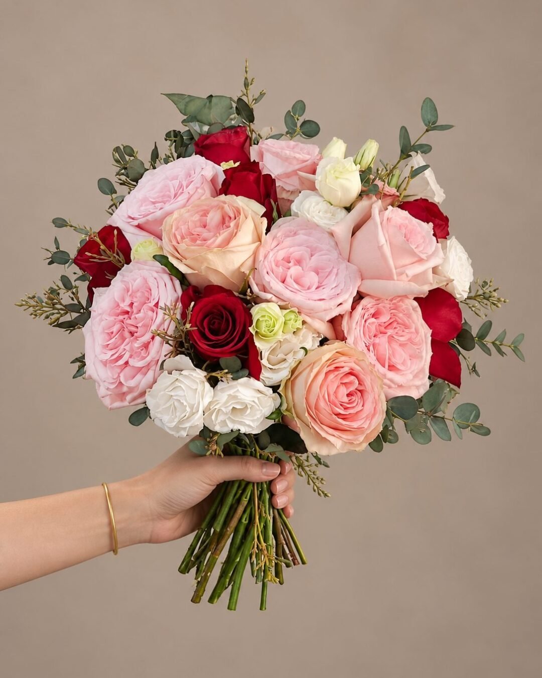 Aileen romantic · round bridal bouquet in blush, crimson, ivory and sage
