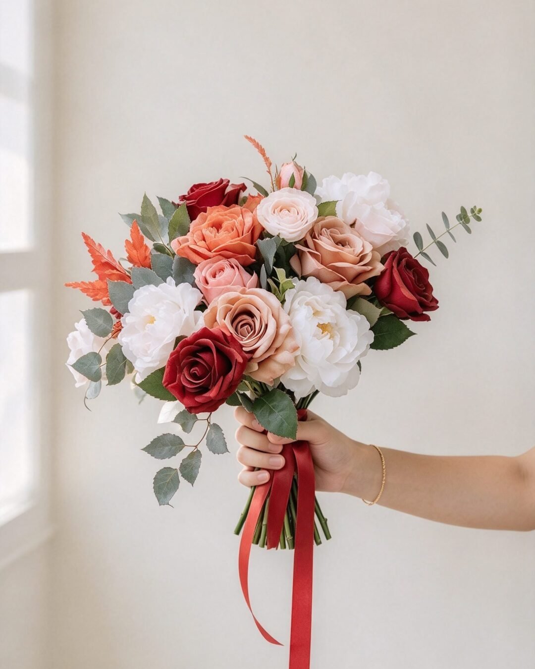Alexis romantic · asymmetrical bridal bouquet in ivory, citrus orange, peach, crimson and deep green