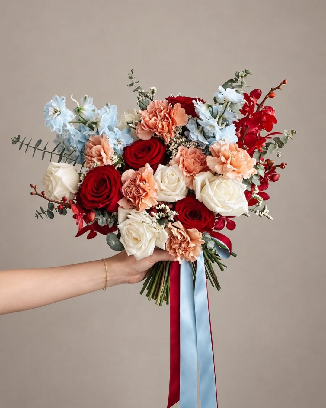 Beatrice garden inspired · asymmetrical bridal bouquet in crimson, blush, dusty blue, ivory and eucalyptus