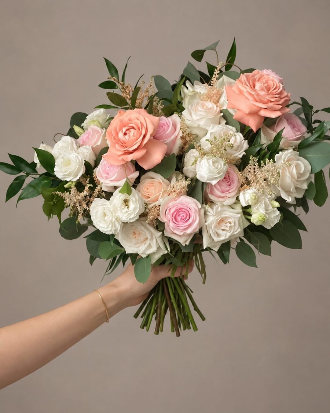 Benita romantic · round bridal bouquet in blush, peach, ivory and soft green