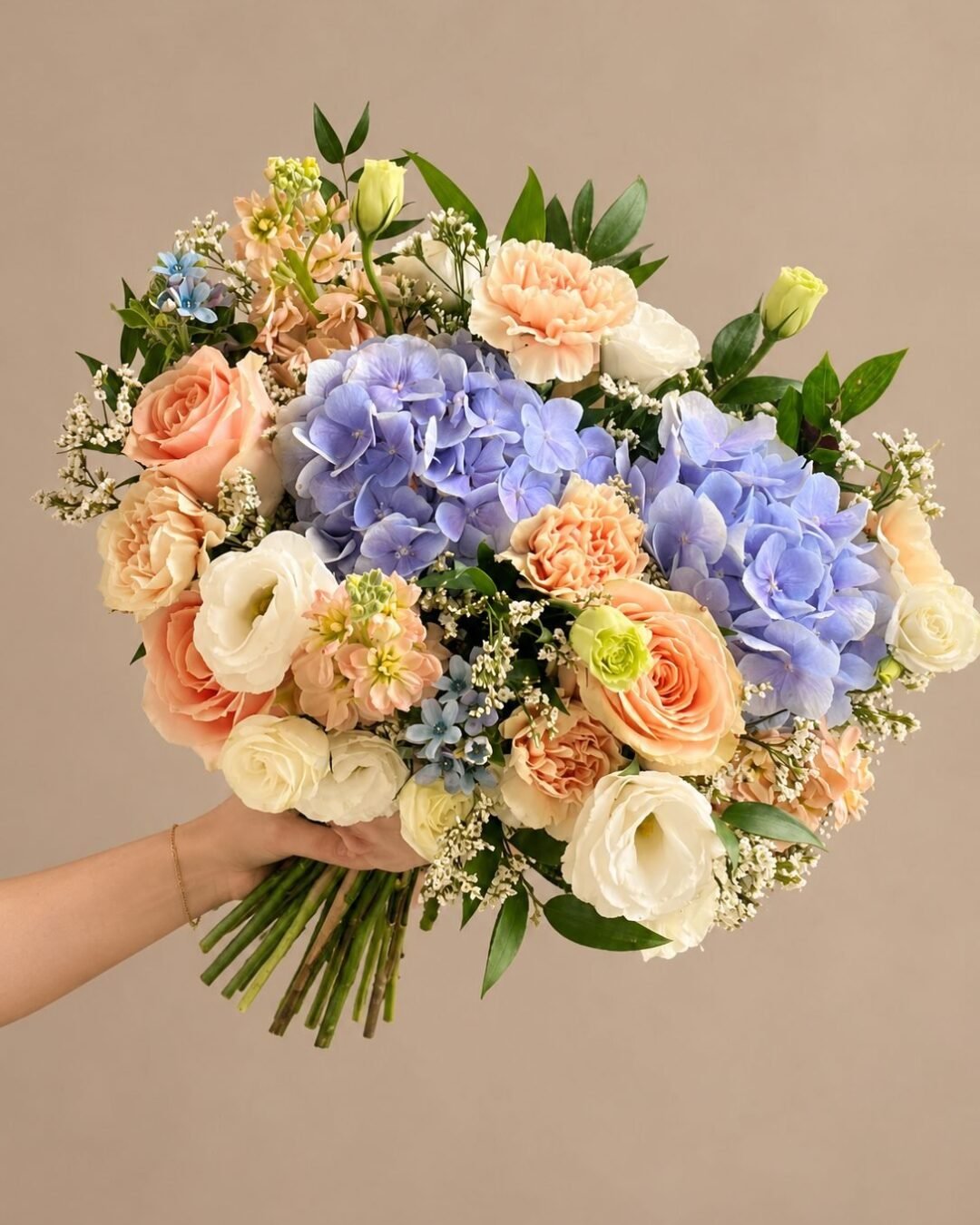 Edith garden inspired · round bridal bouquet in lavender, peach, butter yellow, ivory and soft green