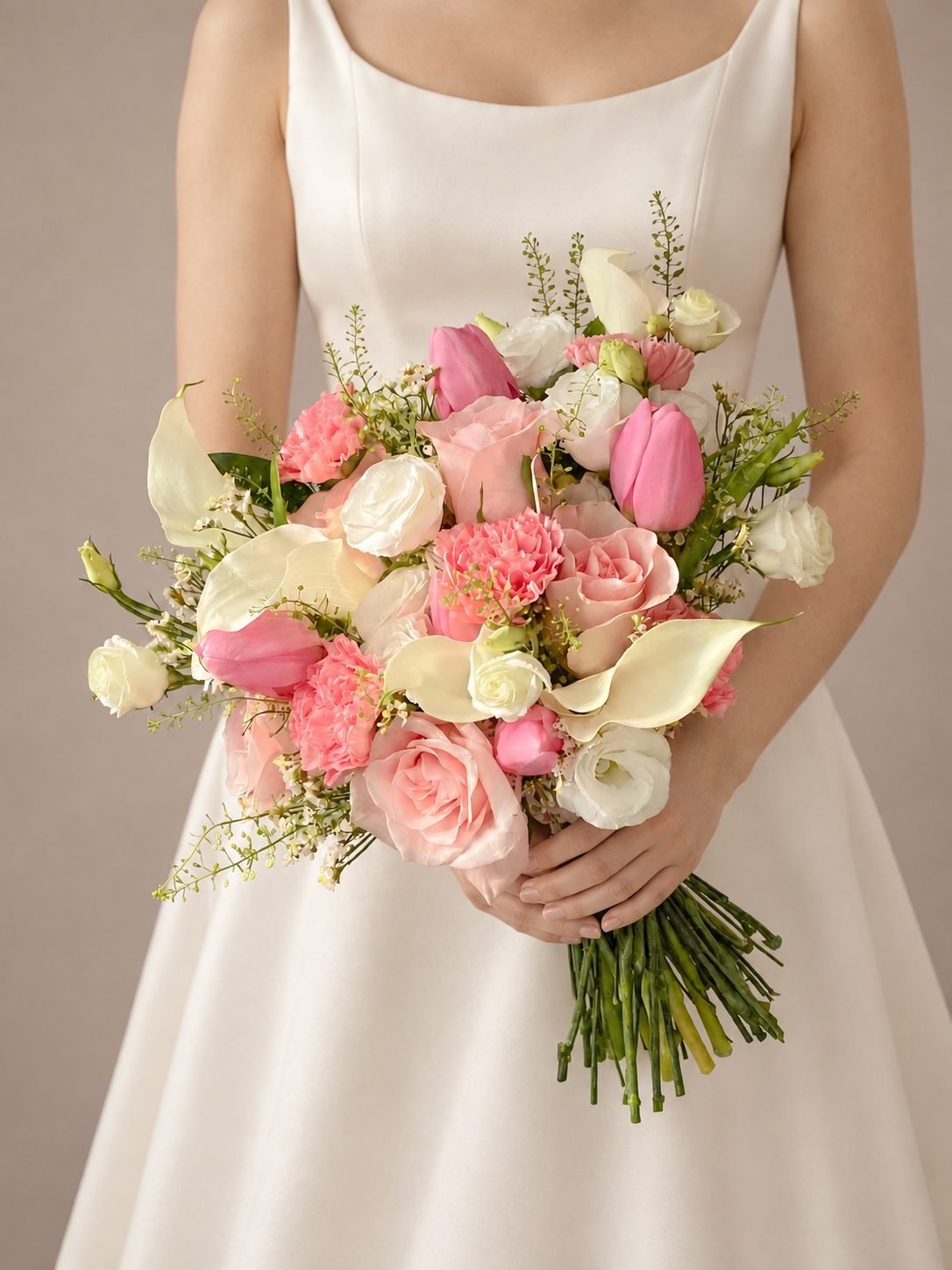 Eleanor romantic · round bridal bouquet in blush, ivory and white — detail view