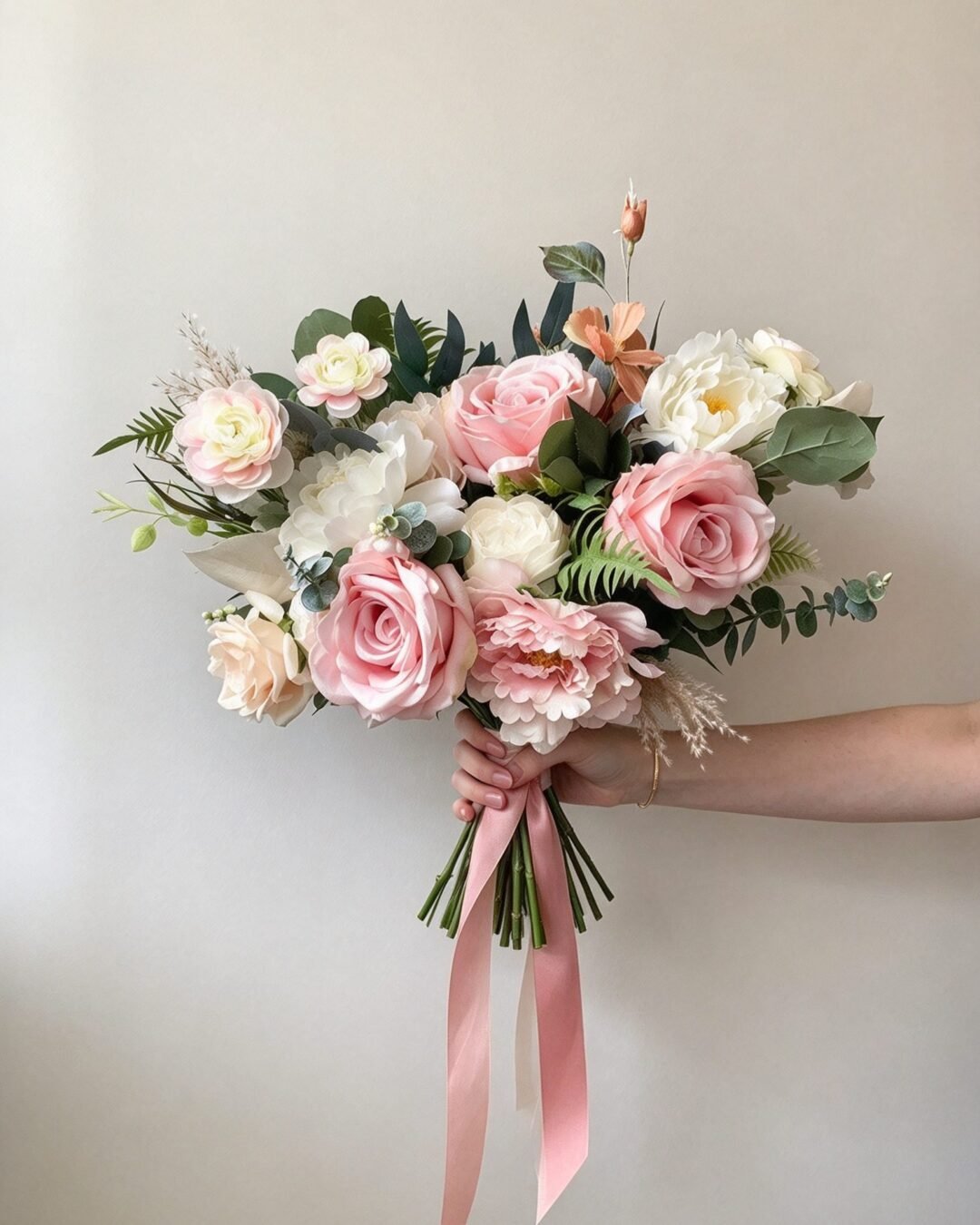 Elena romantic · asymmetrical bridal bouquet in blush, ivory, soft green and peach