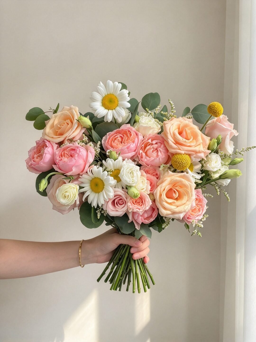 Faye playful · asymmetrical bridal bouquet in tangerine, blush, butter yellow, ivory and soft green
