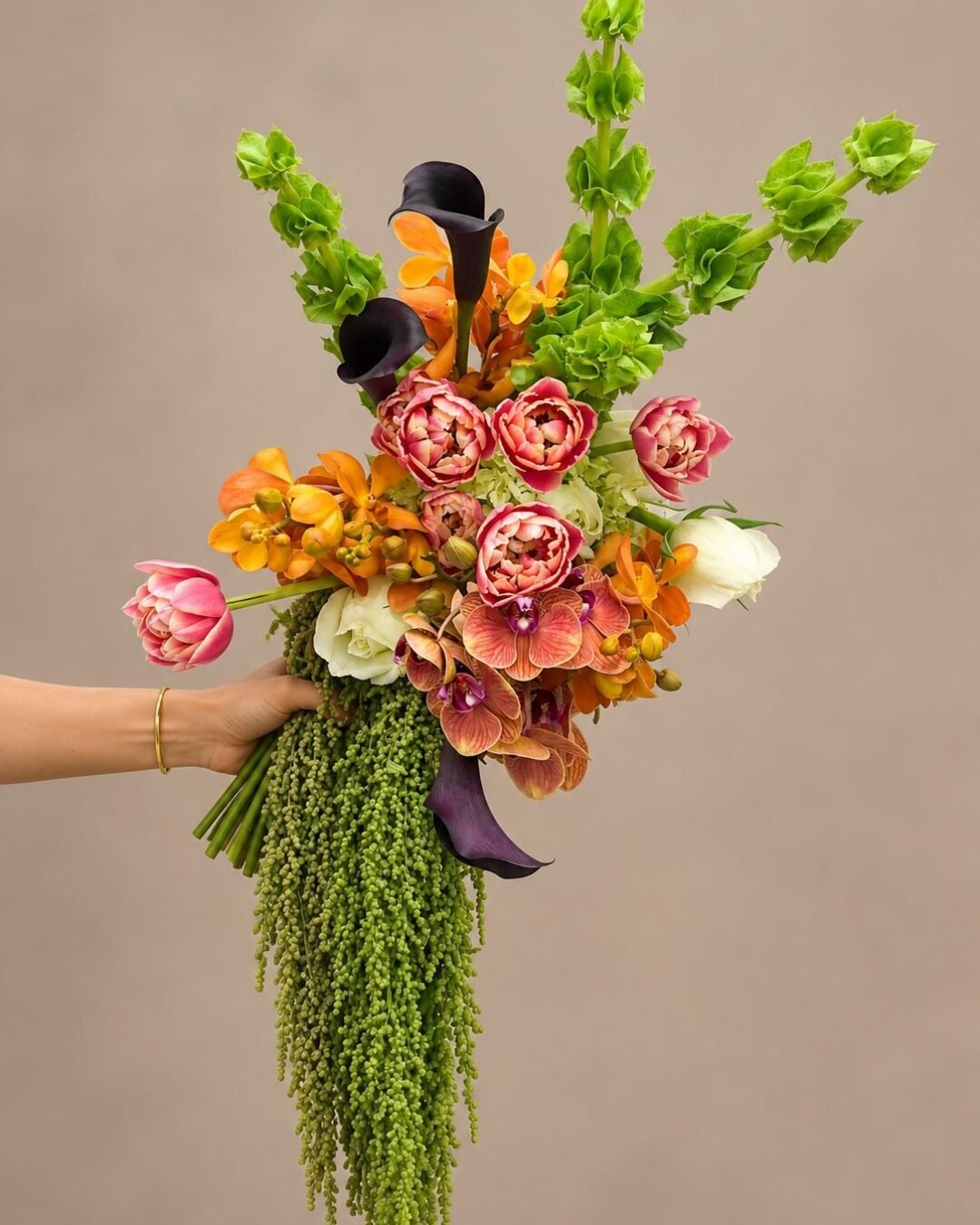 Gia modern · cascading bridal bouquet in burnt orange, blush, charcoal, ivory and fresh green