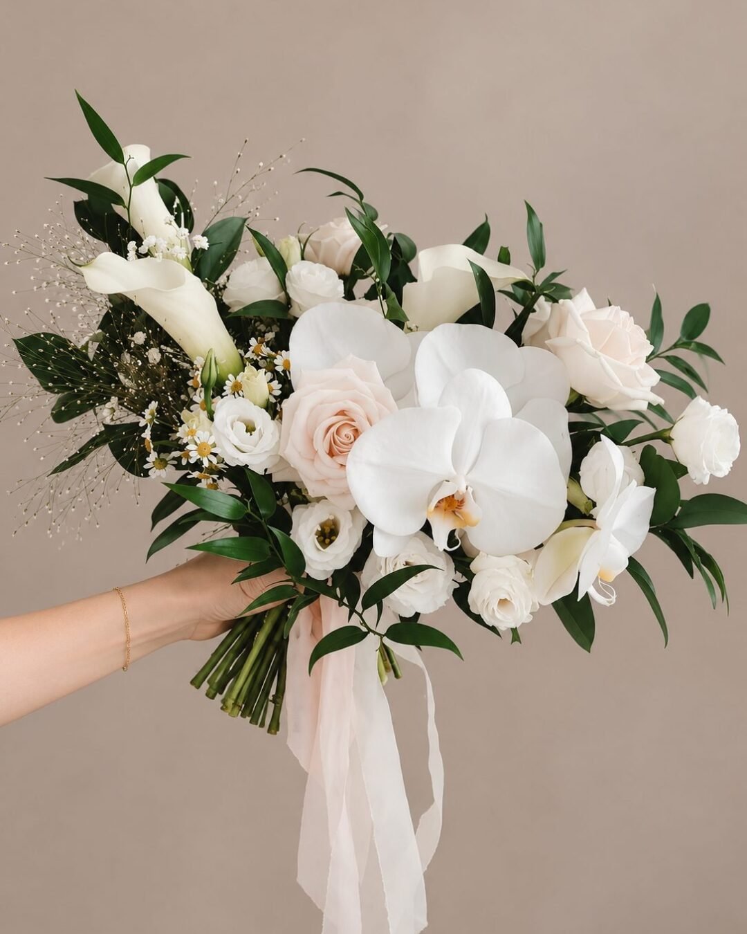 Juliet modern · asymmetrical bridal bouquet in ivory, white, blush and fresh green