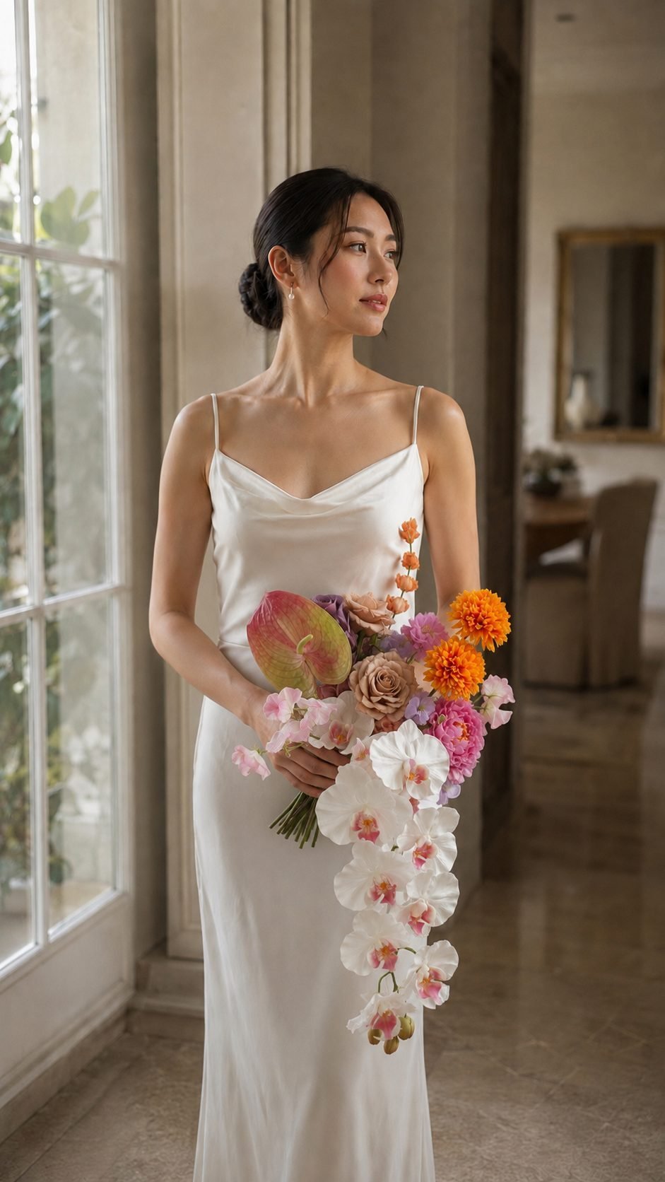 Layla dramatic · cascading bridal bouquet in coral, peach, mauve, ivory and marigold — detail view