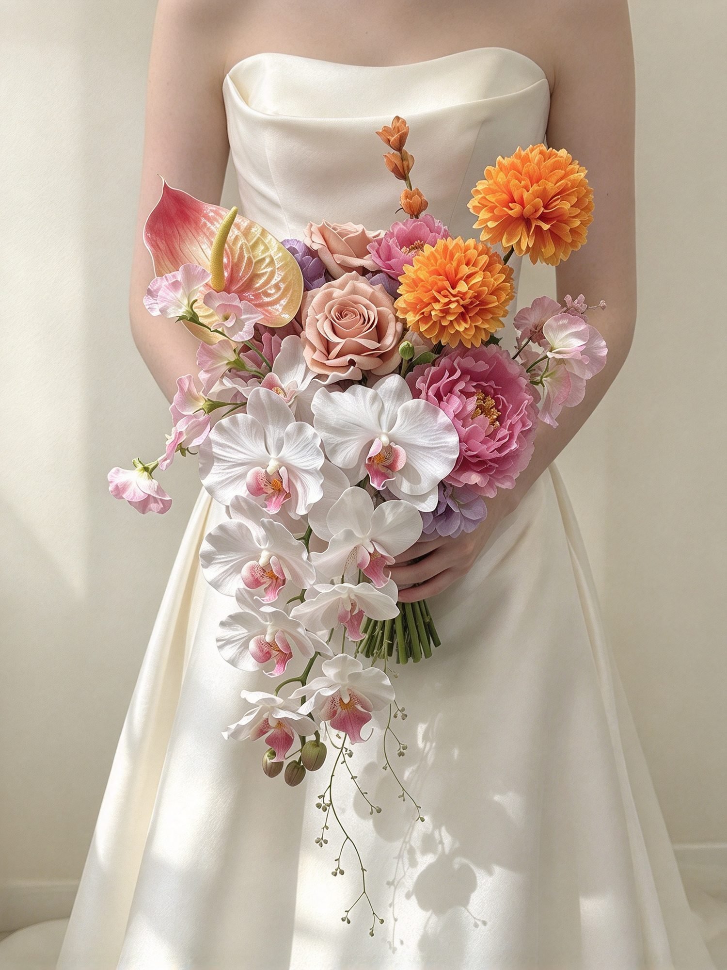 Layla dramatic · cascading bridal bouquet in coral, peach, mauve, ivory and marigold — alternate view