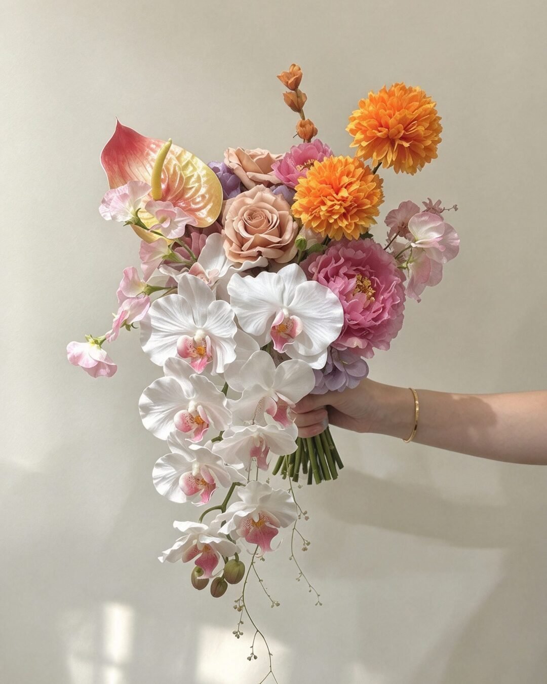 Layla dramatic · cascading bridal bouquet in coral, peach, mauve, ivory and marigold