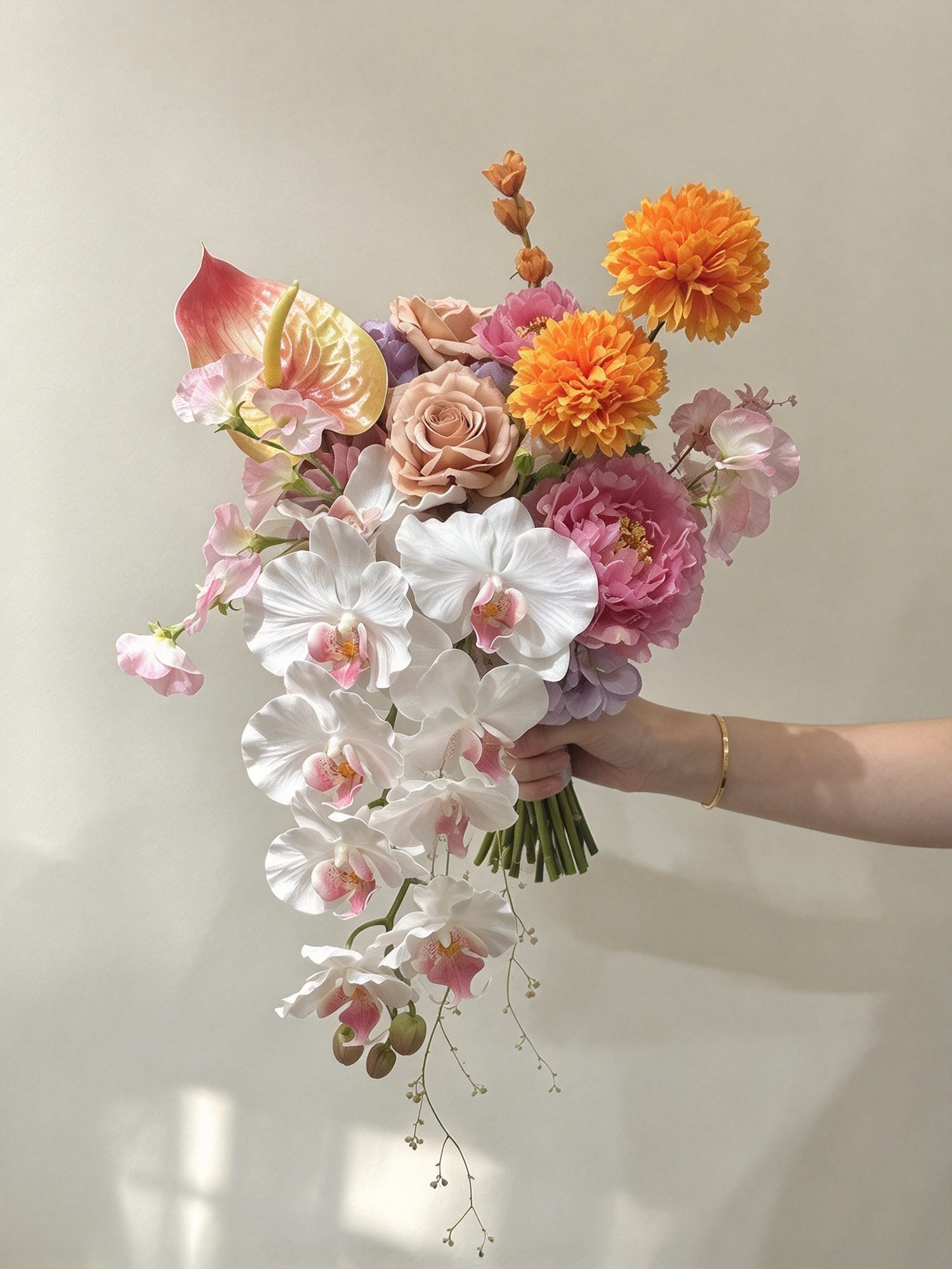 Layla dramatic · cascading bridal bouquet in coral, peach, mauve, ivory and marigold