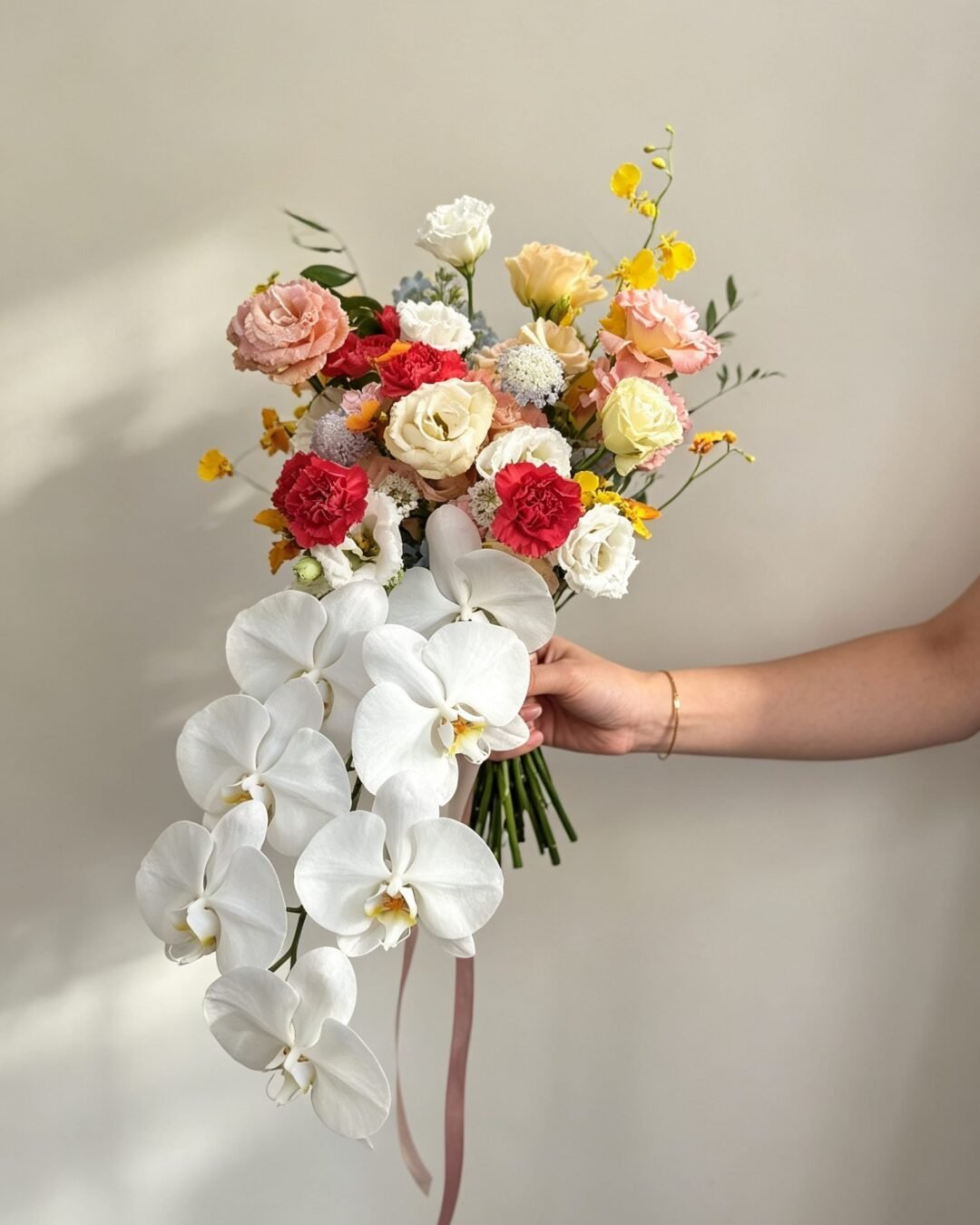 Lex dramatic · cascading bridal bouquet in ivory, crimson, butter yellow, blush and pastel blue