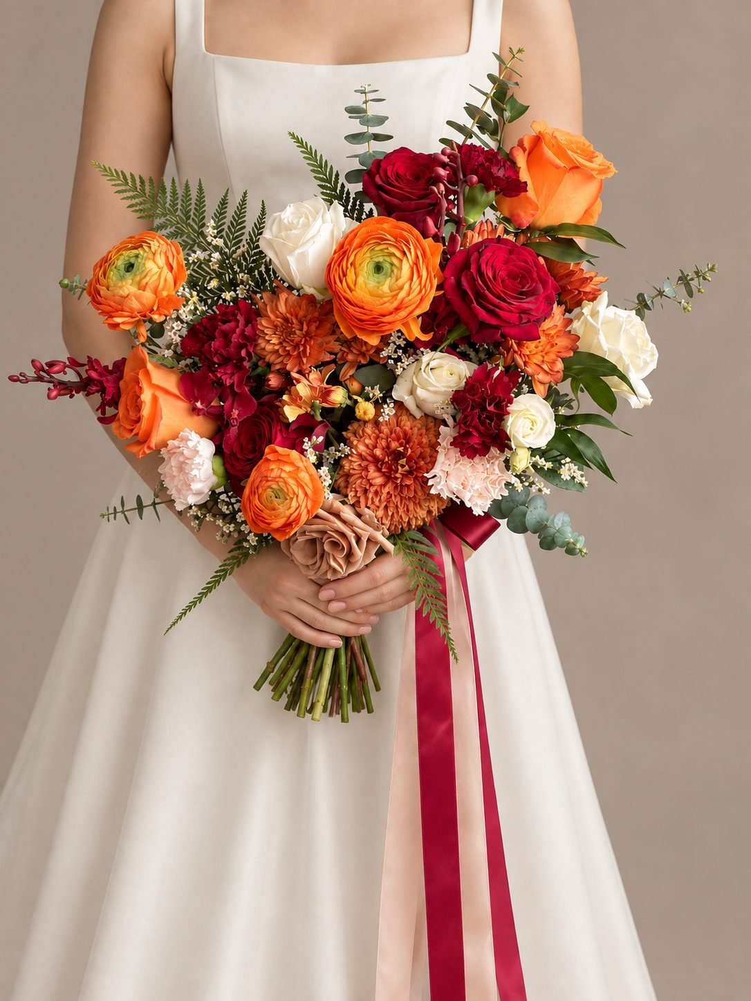 Liz dramatic · asymmetrical bridal bouquet in tangerine, crimson, blush, ivory and sage — detail view