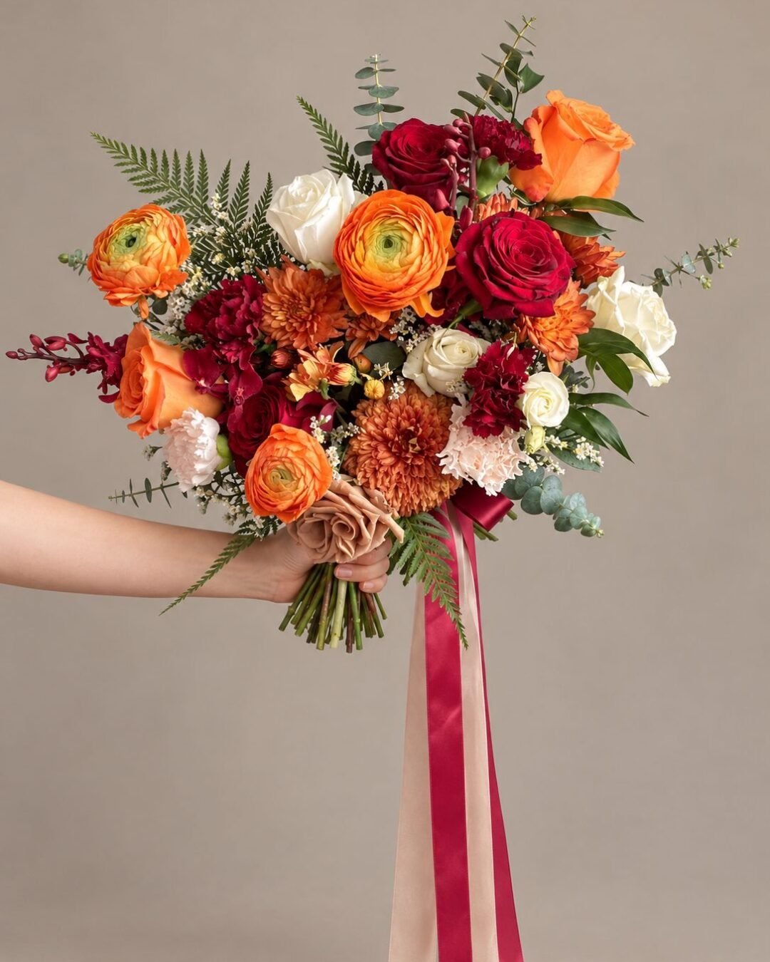 Liz dramatic · asymmetrical bridal bouquet in tangerine, crimson, blush, ivory and sage