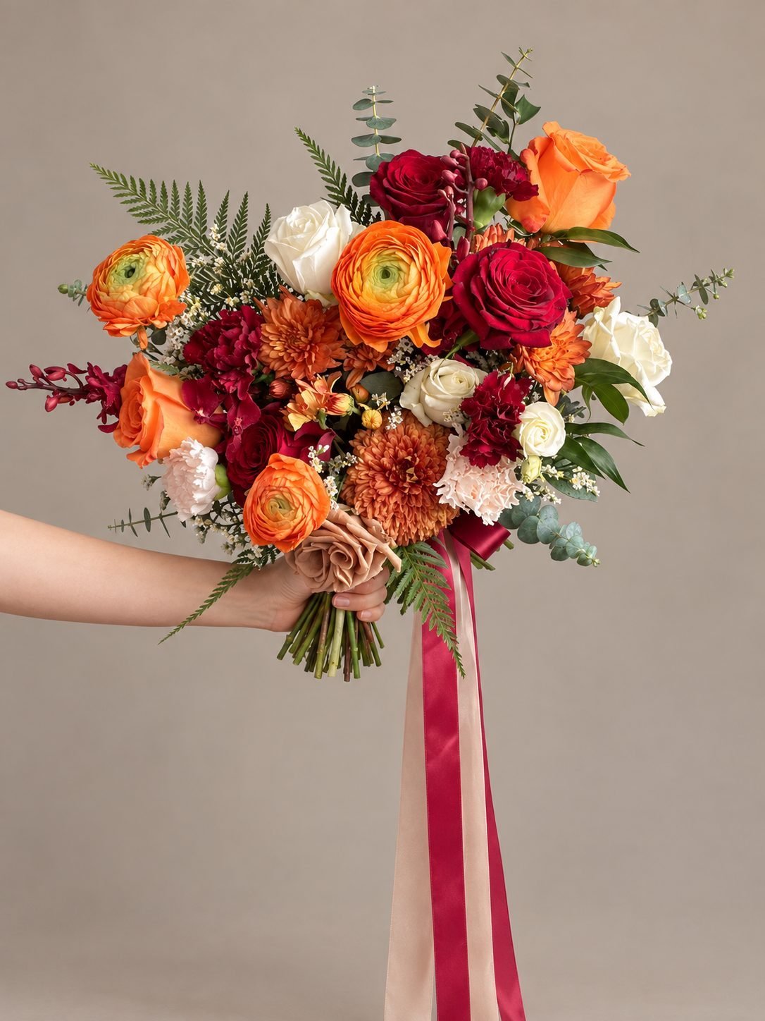 Liz dramatic · asymmetrical bridal bouquet in tangerine, crimson, blush, ivory and sage