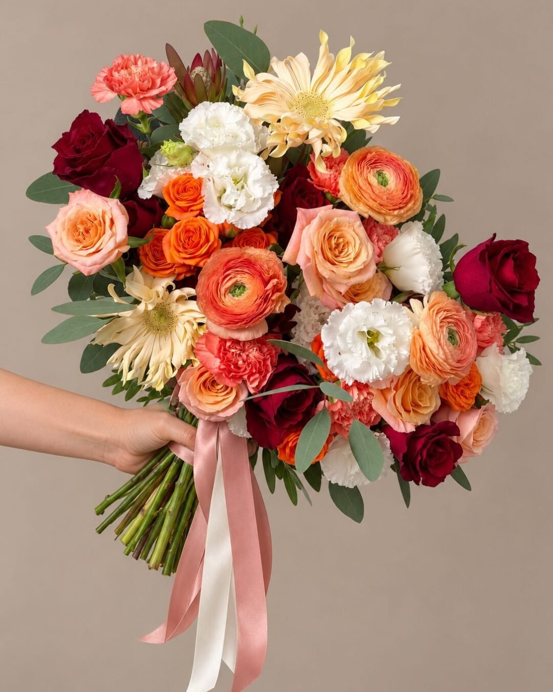 Mabel garden inspired · round bridal bouquet in crimson, tangerine, butter yellow, blush and eucalyptus