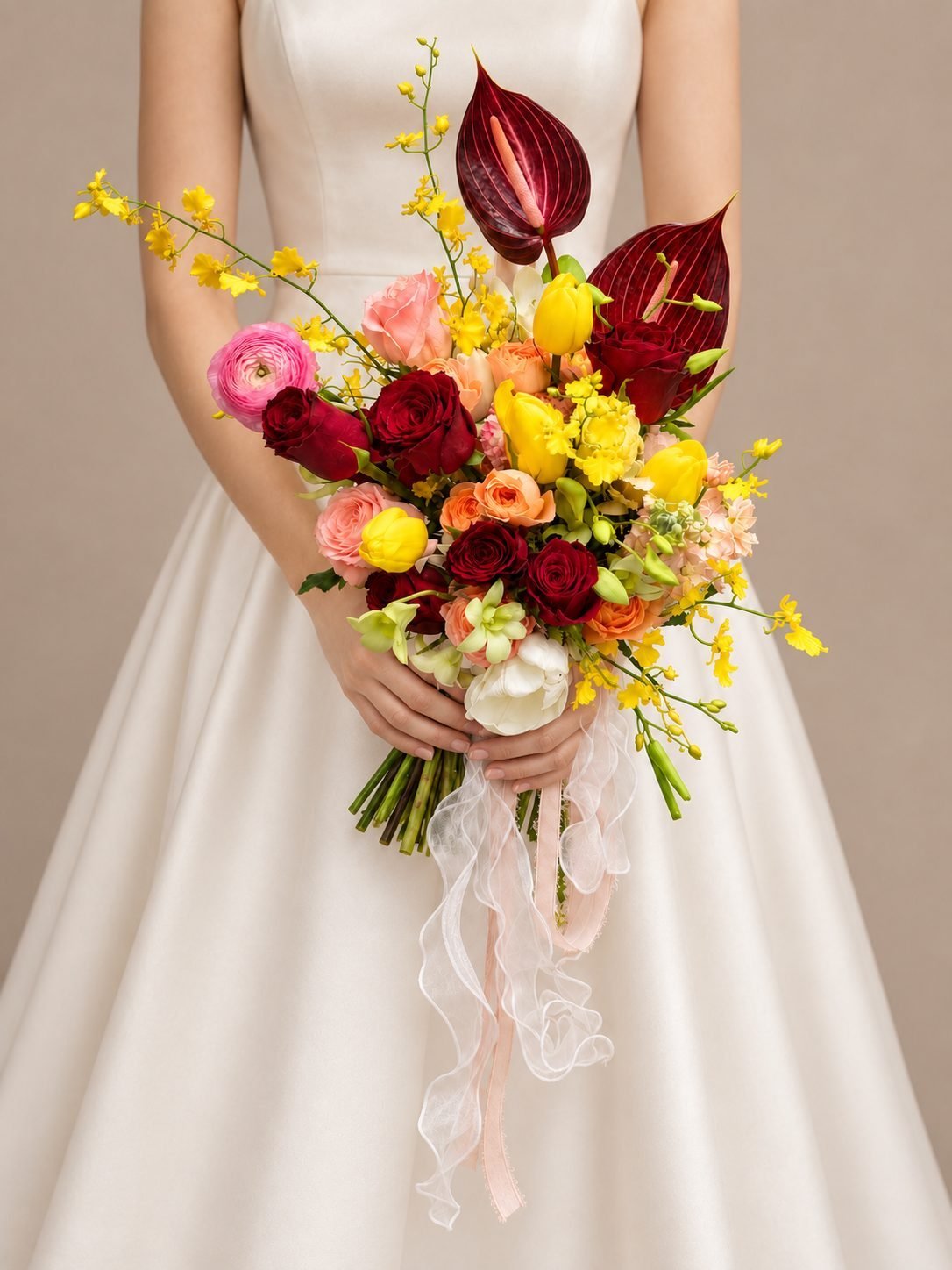 Mae dramatic · asymmetrical bridal bouquet in merlot, crimson, butter yellow, blush and ivory — detail view