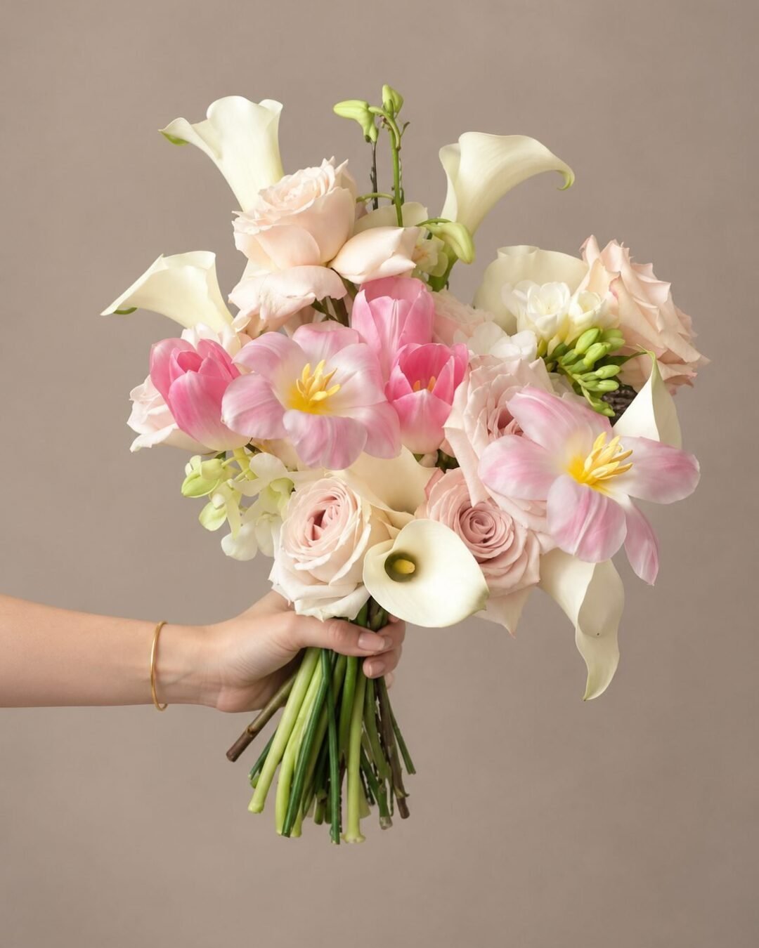 Maze modern · asymmetrical bridal bouquet in blush, ivory and white