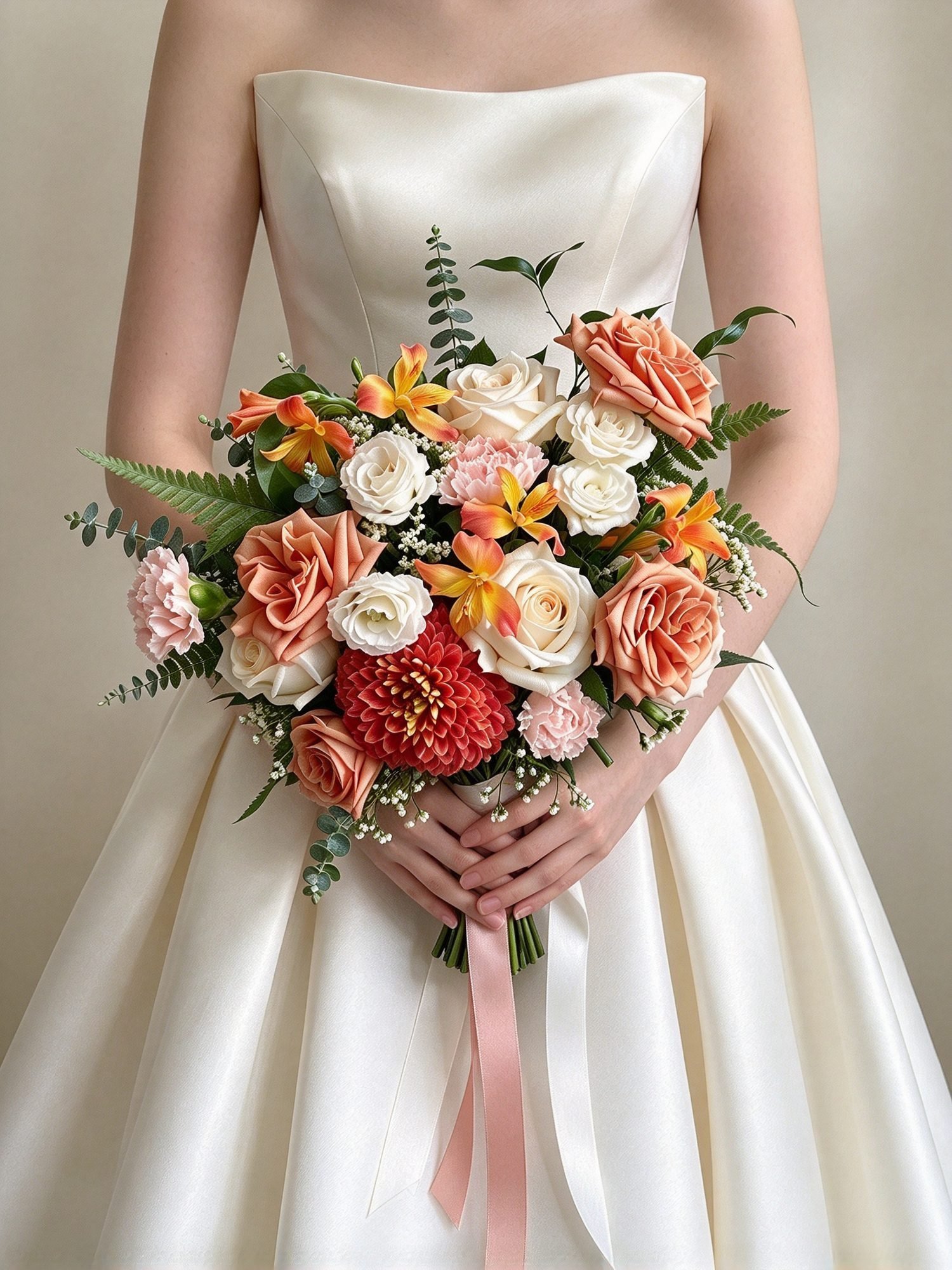 Mona garden inspired · asymmetrical bridal bouquet in ivory, toffee, blush, crimson and marigold — alternate view