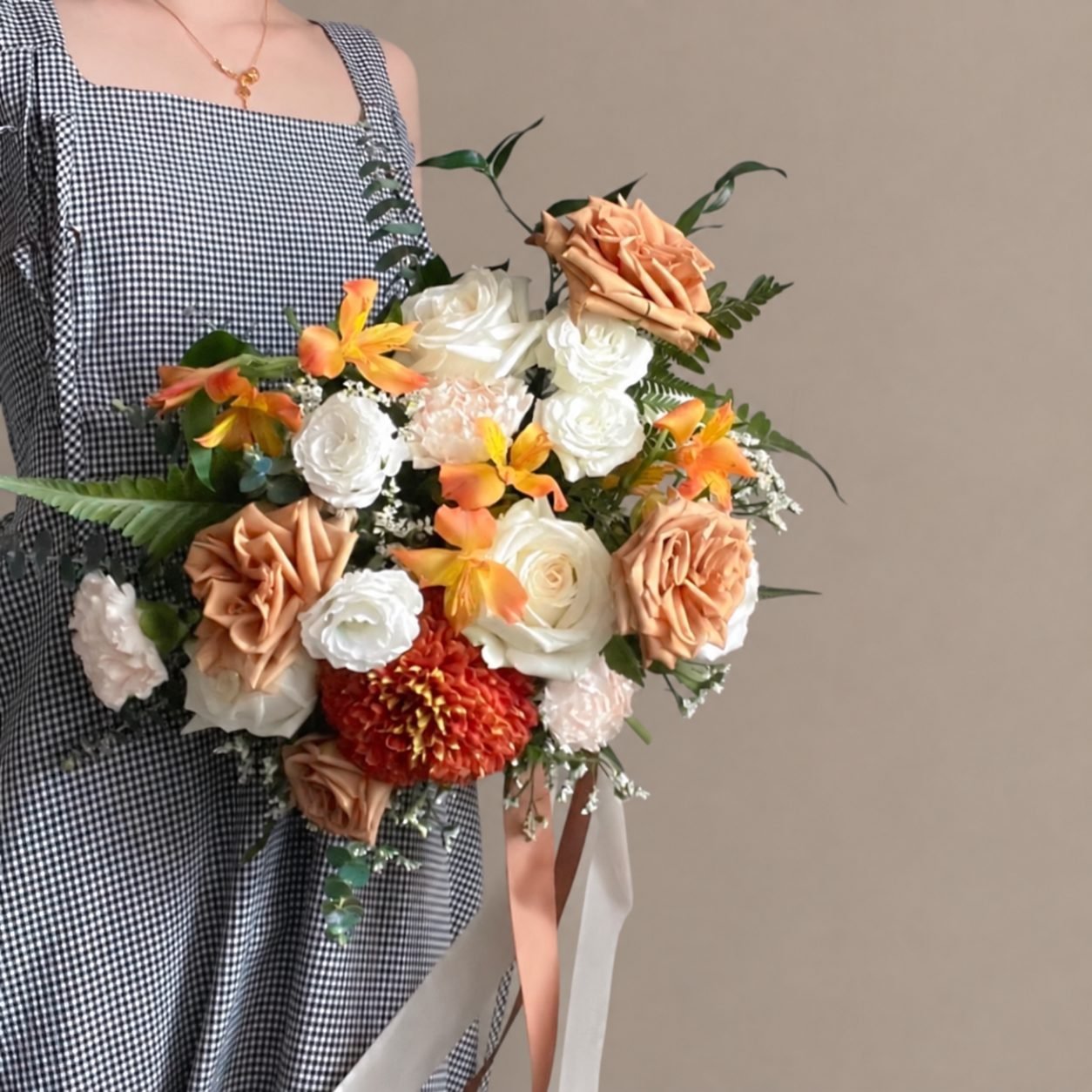 Mona garden inspired · asymmetrical bridal bouquet in ivory, toffee, blush, crimson and marigold — additional view