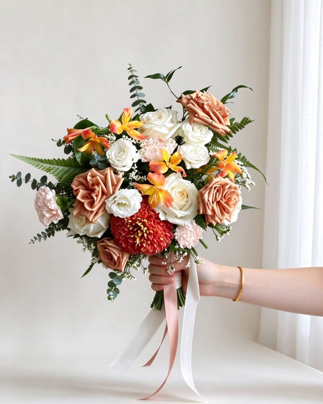Mona garden inspired · asymmetrical bridal bouquet in ivory, toffee, blush, crimson and marigold