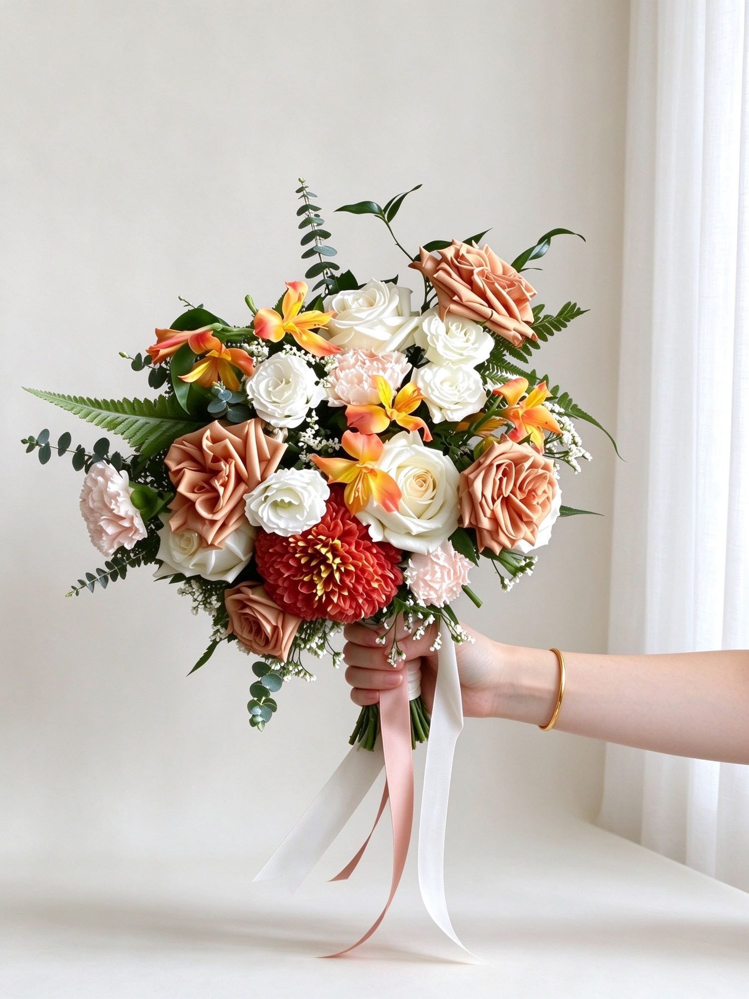 Mona garden inspired · asymmetrical bridal bouquet in ivory, toffee, blush, crimson and marigold