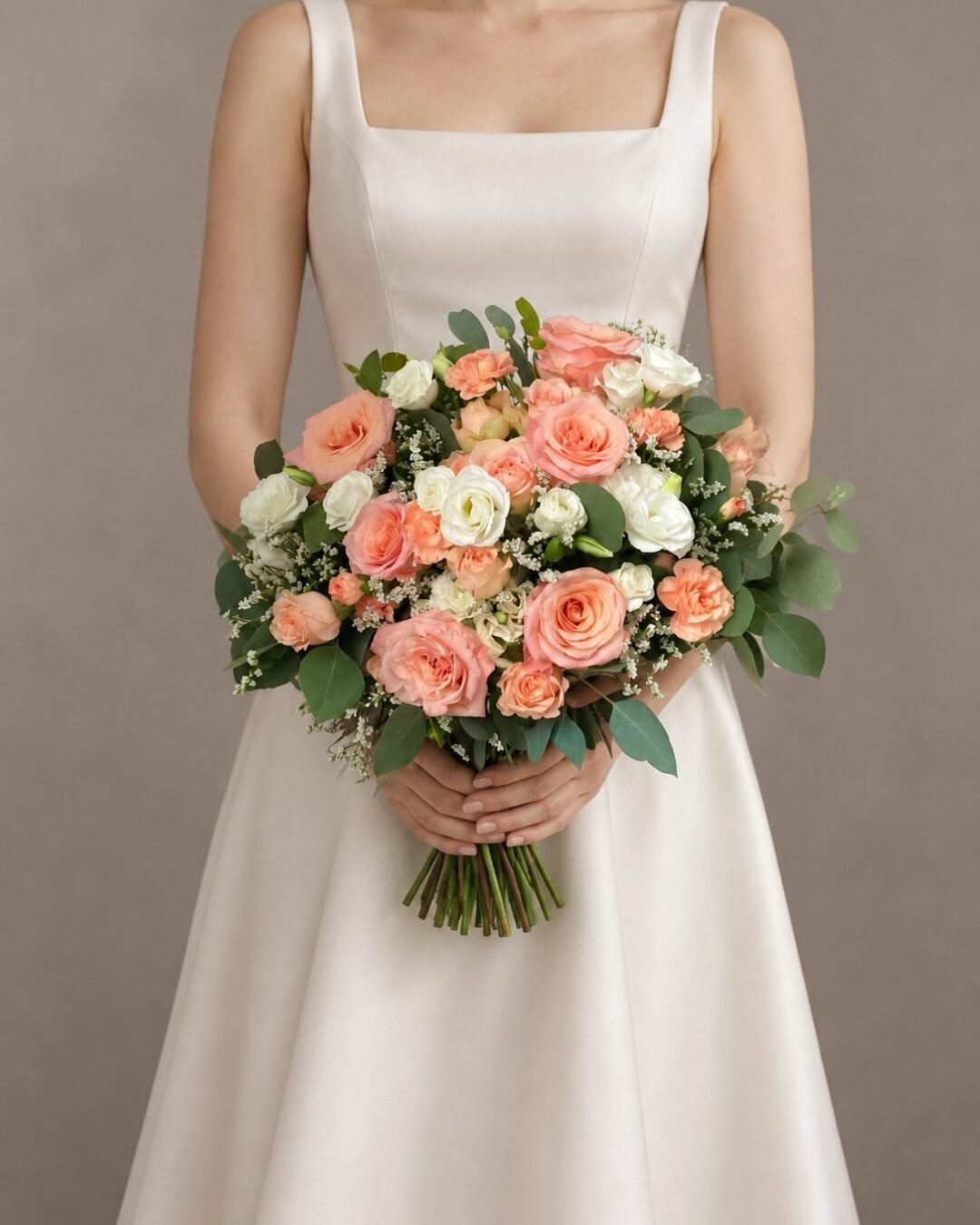 Naomi romantic · round bridal bouquet in blush, peach, ivory and eucalyptus