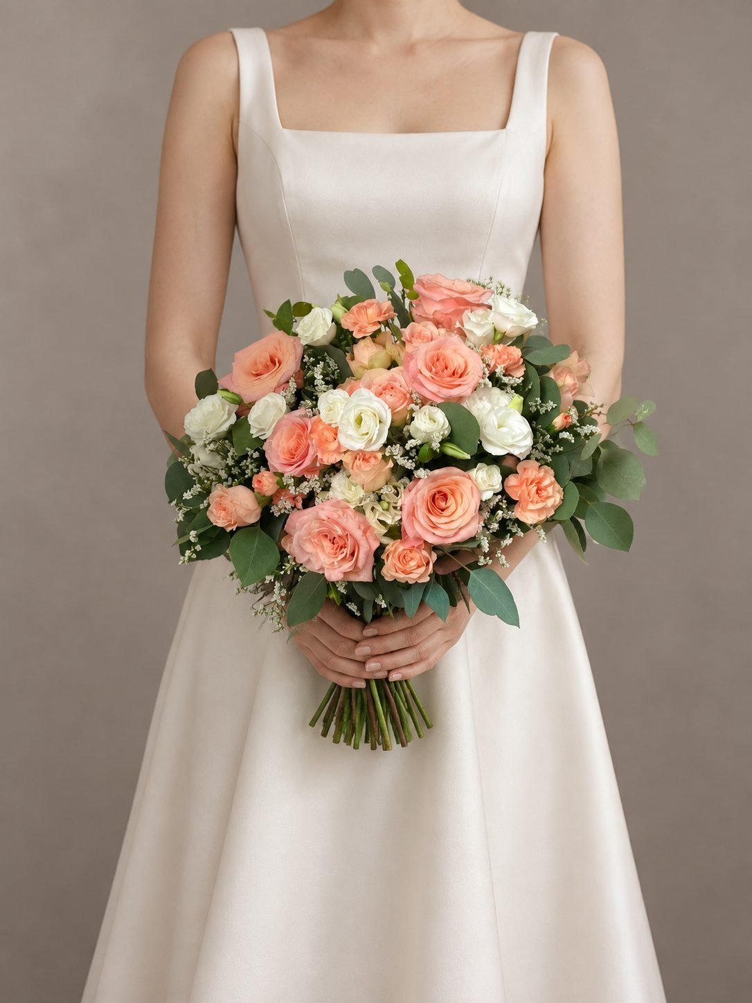 Naomi romantic · round bridal bouquet in blush, peach, ivory and eucalyptus