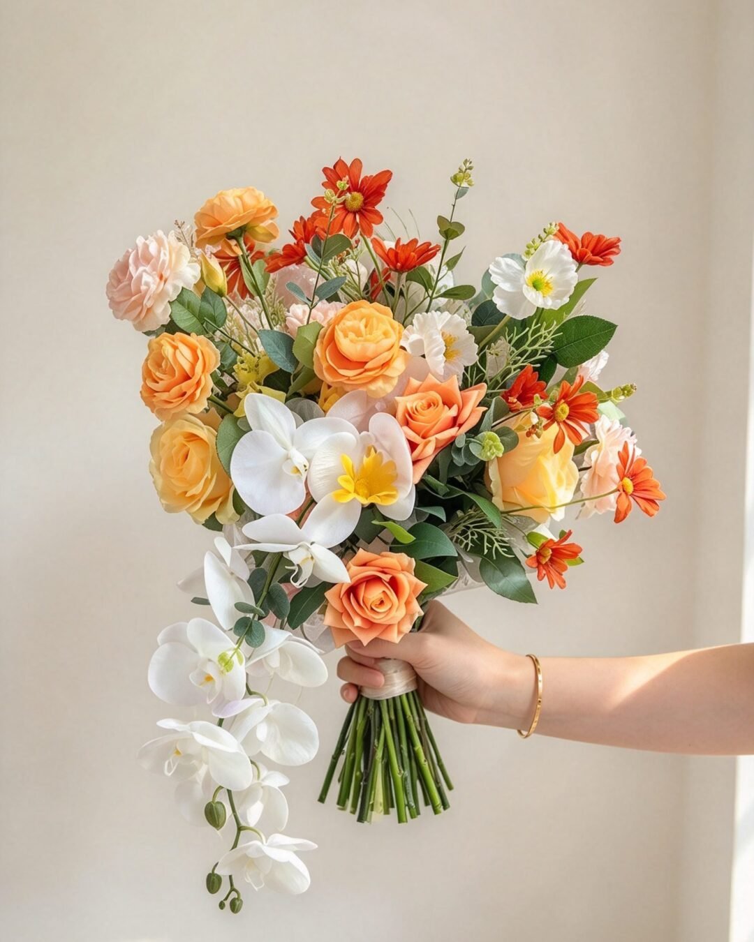 Naranja playful · cascading bridal bouquet in ivory, tangerine, marigold, crimson and soft green