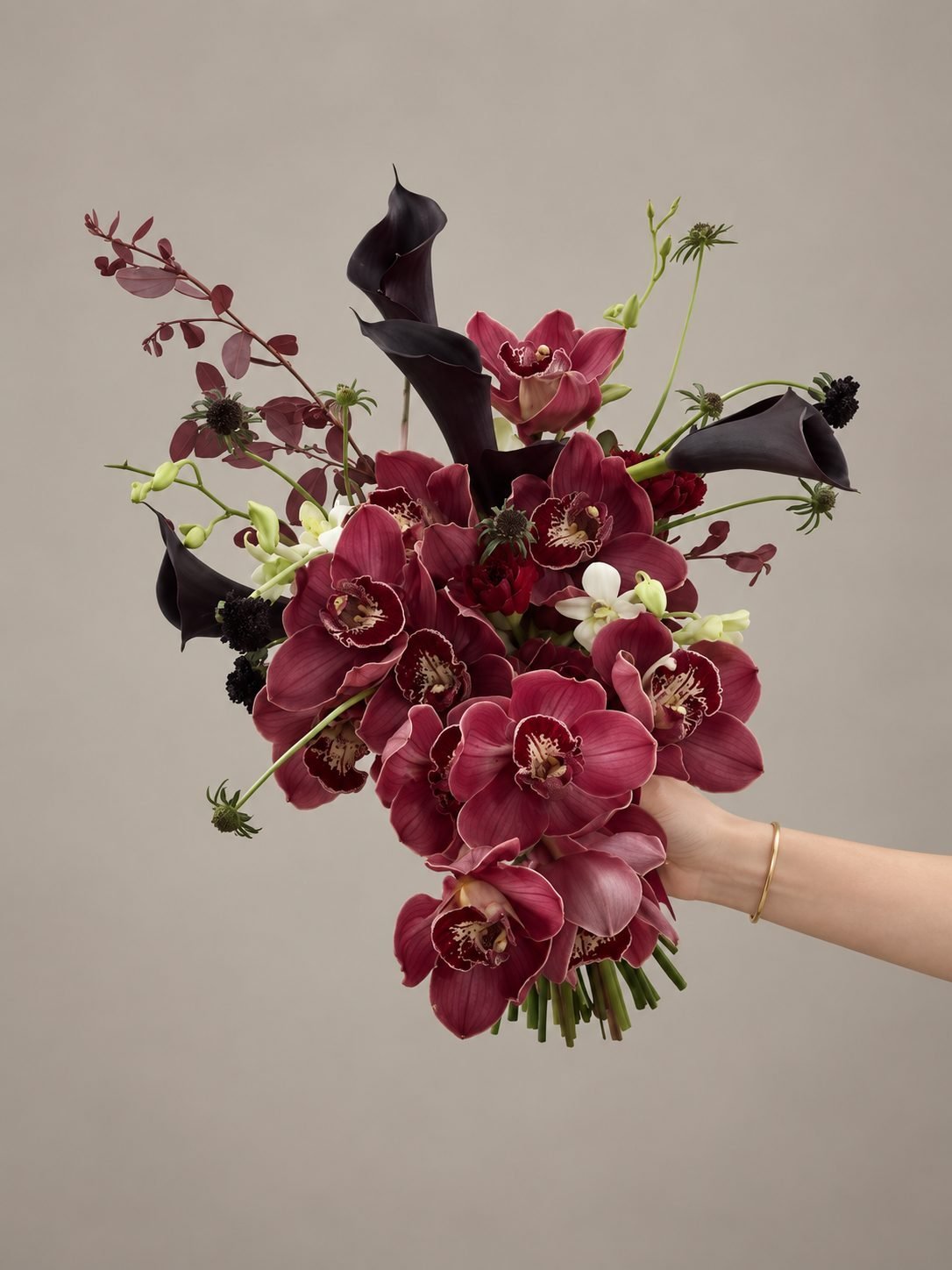 Nico dramatic · cascading bridal bouquet in burgundy, merlot, wine, charcoal and ivory — detail view