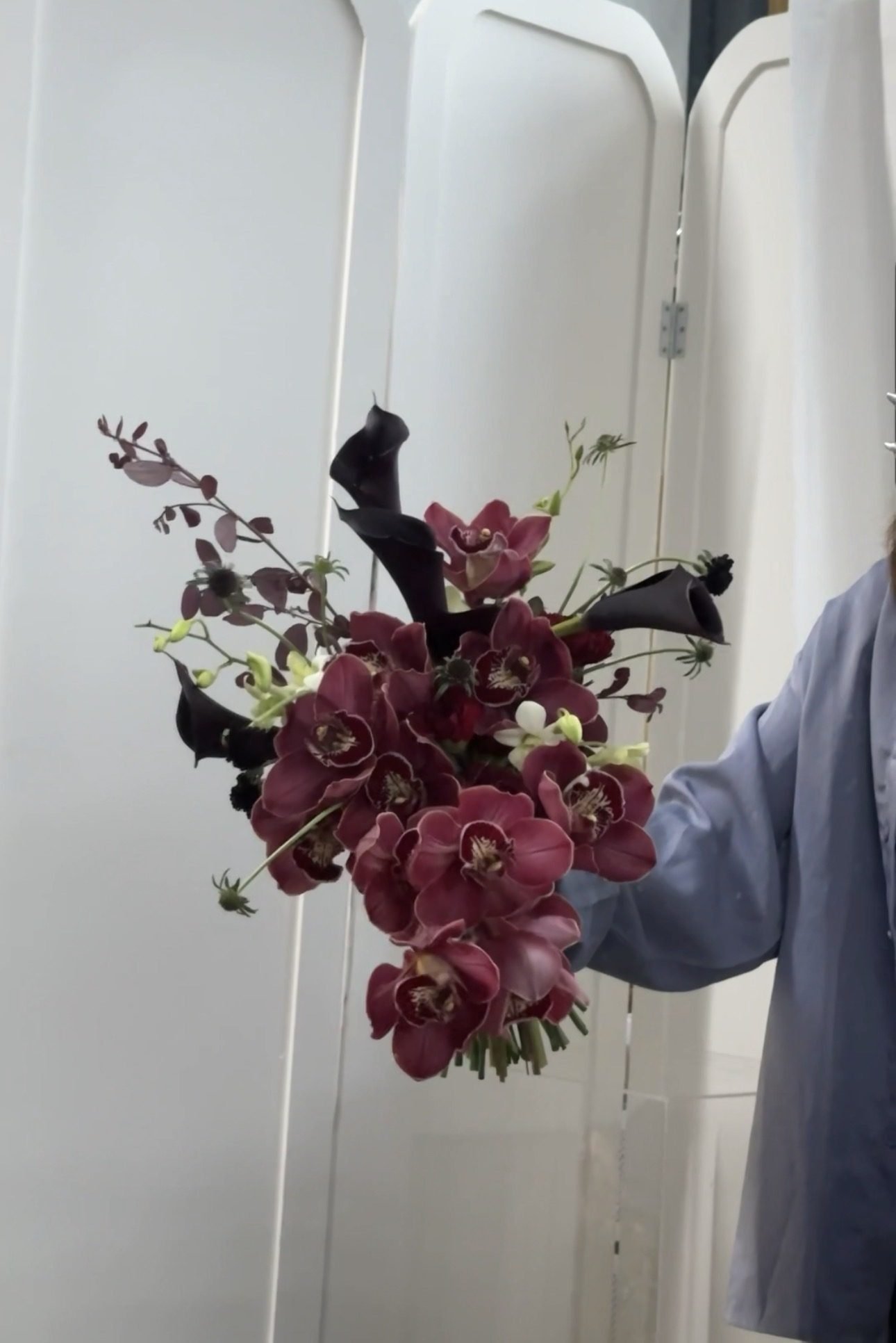 Nico dramatic · cascading bridal bouquet in burgundy, merlot, wine, charcoal and ivory — alternate view