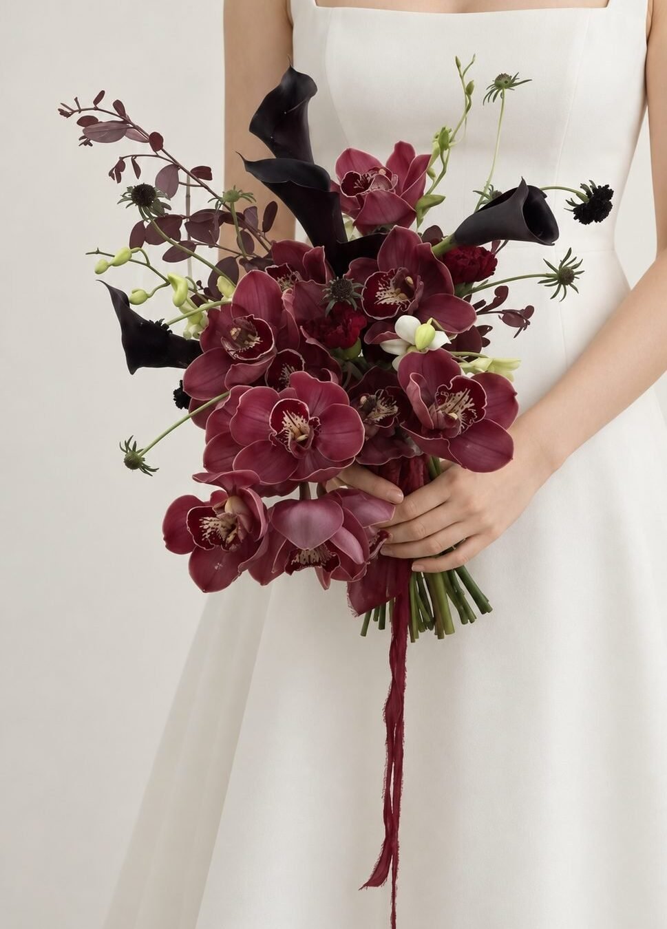 Nico dramatic · cascading bridal bouquet in burgundy, merlot, wine, charcoal and ivory