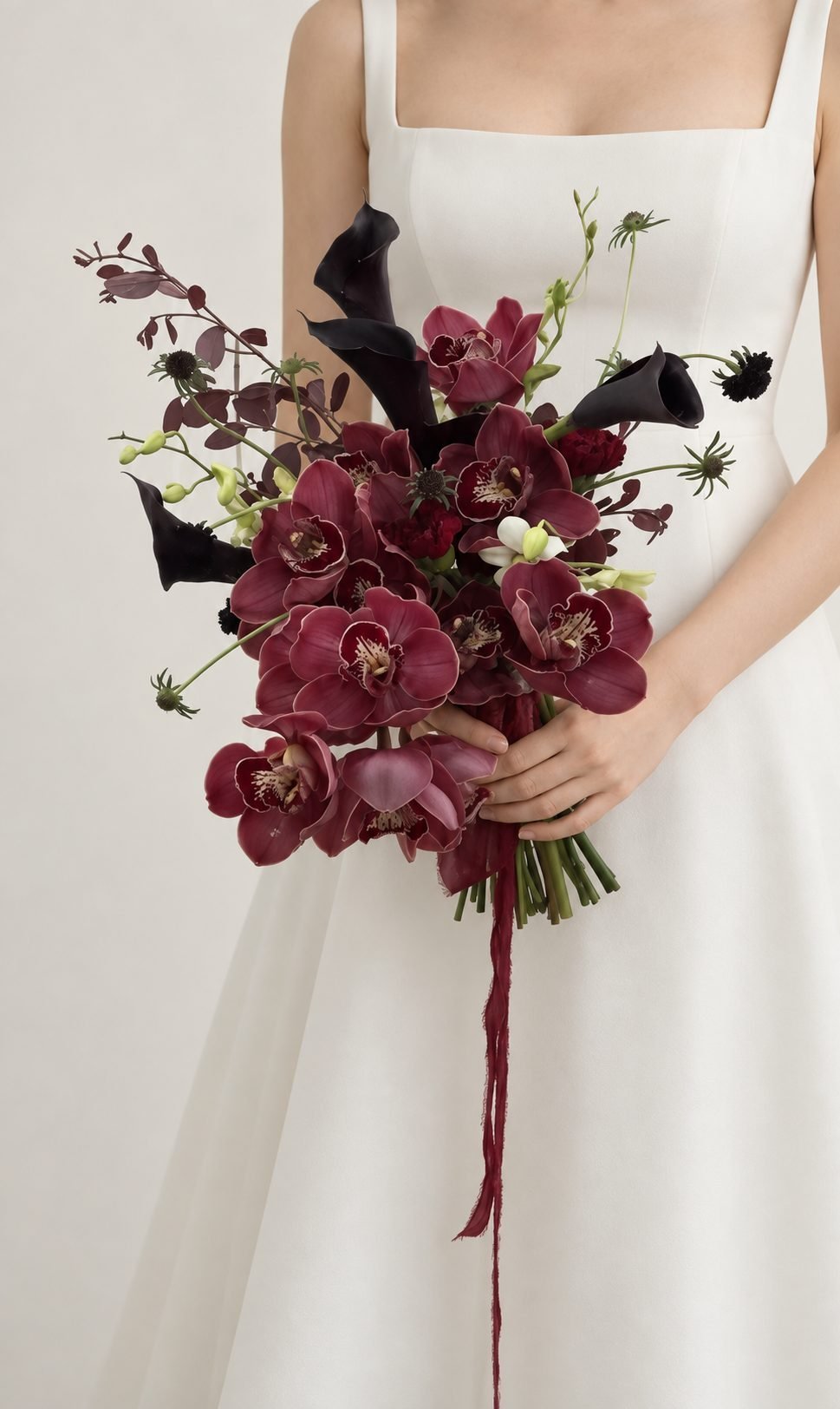 Nico dramatic · cascading bridal bouquet in burgundy, merlot, wine, charcoal and ivory