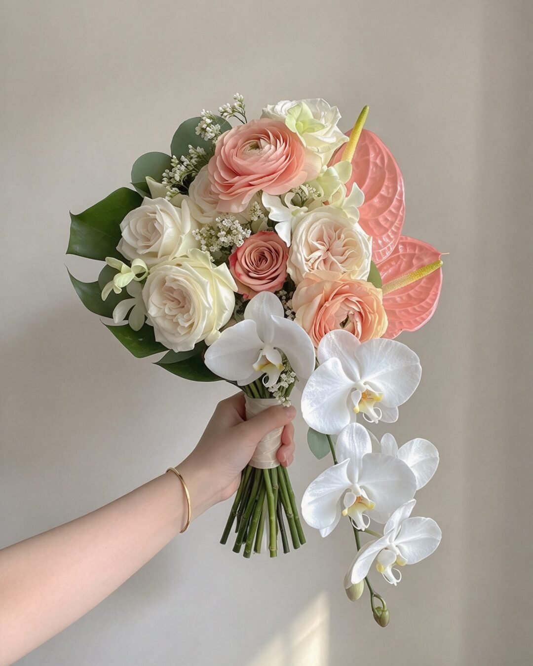 Nora romantic · cascading bridal bouquet in blush, ivory, white and fresh green