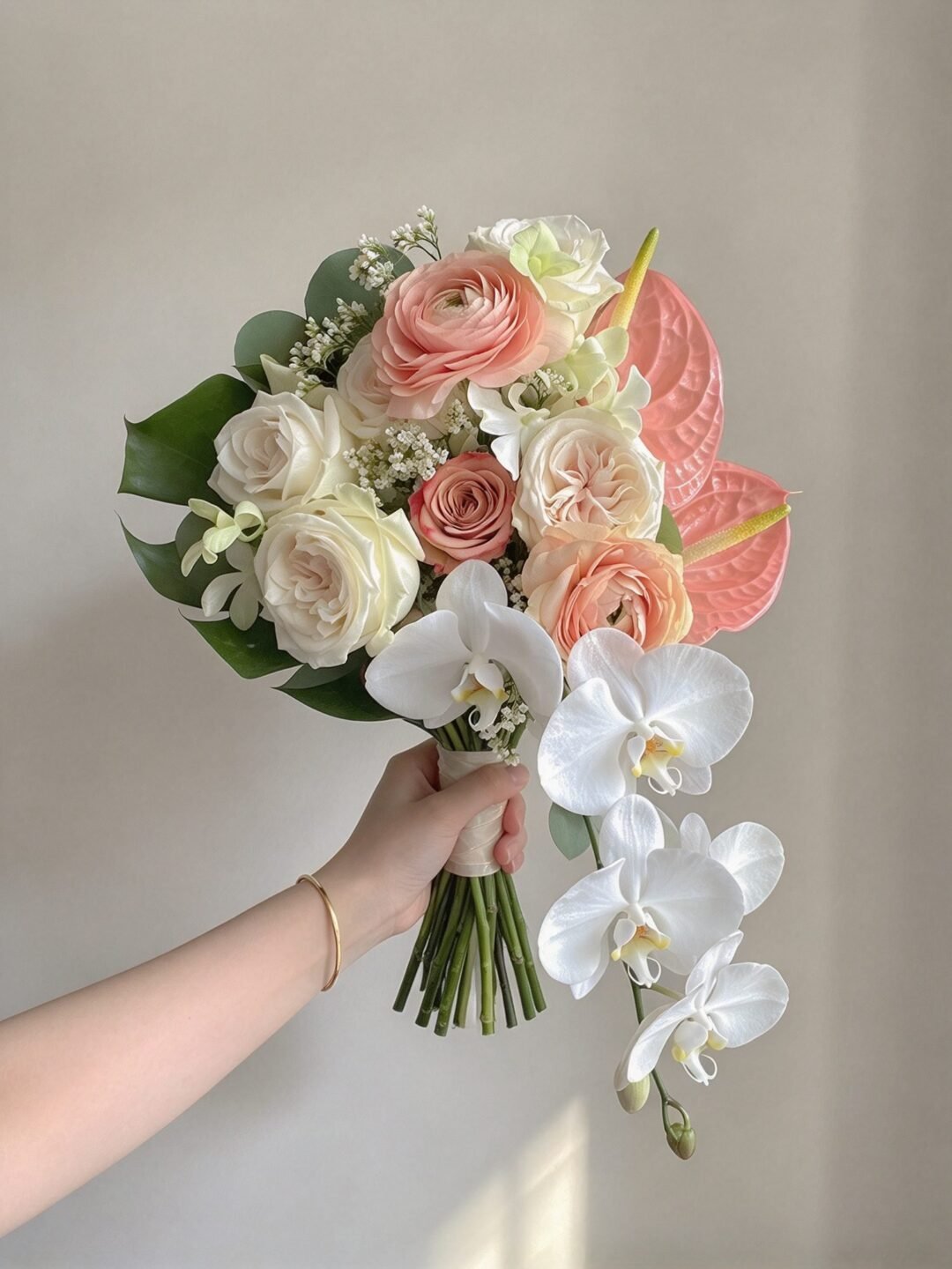 Nora romantic · cascading bridal bouquet in blush, ivory, white and fresh green