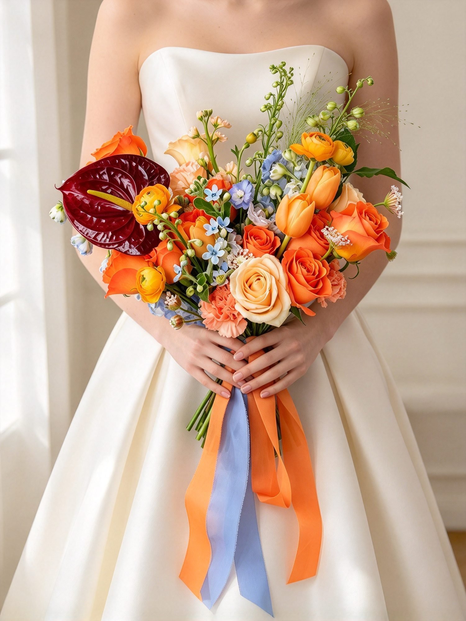 Summer dramatic · cascading bridal bouquet in tangerine, dusty blue, ivory, crimson and blush — detail view