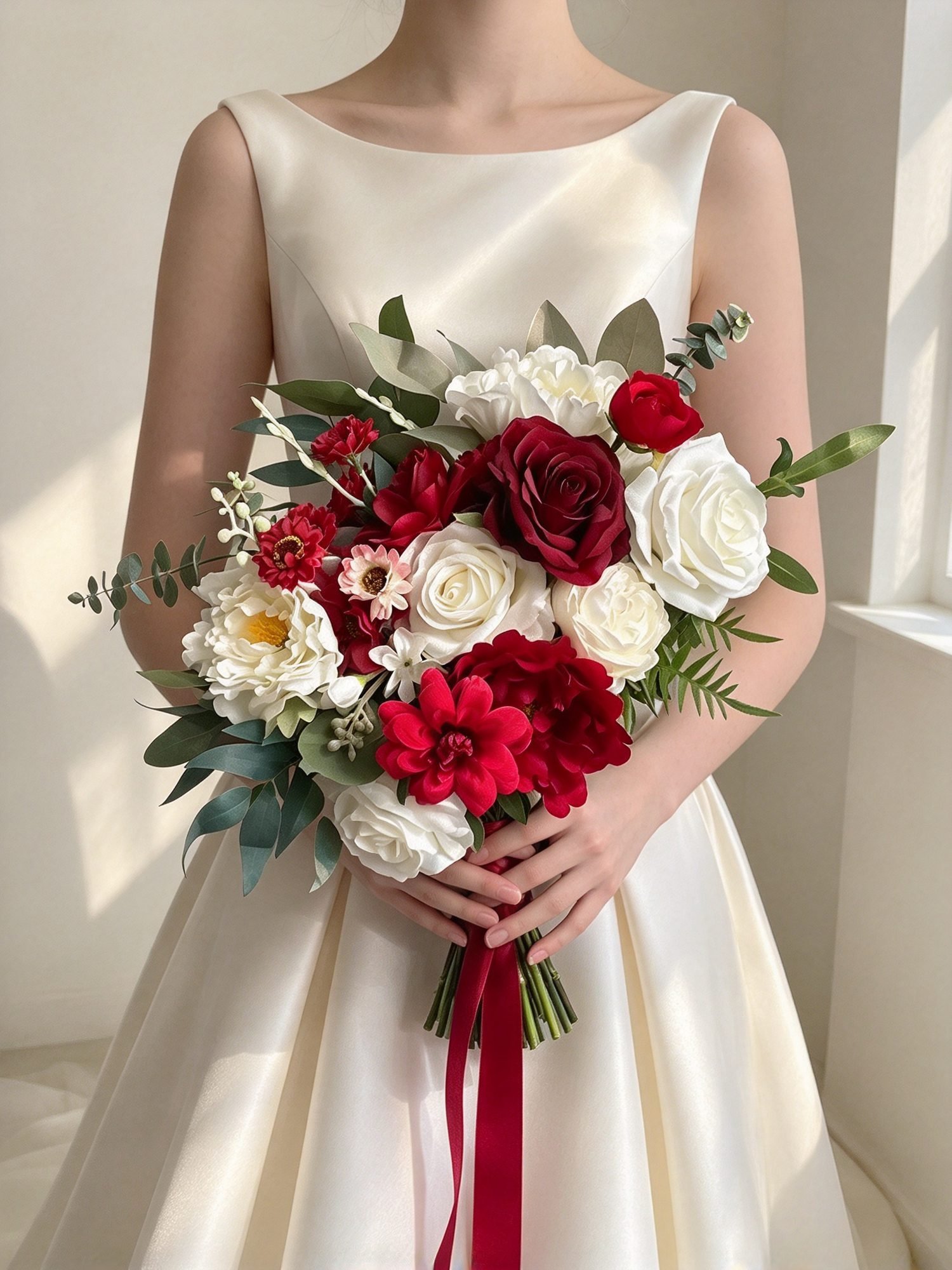Thea dramatic · asymmetrical bridal bouquet in crimson, ivory, white and soft green — detail view