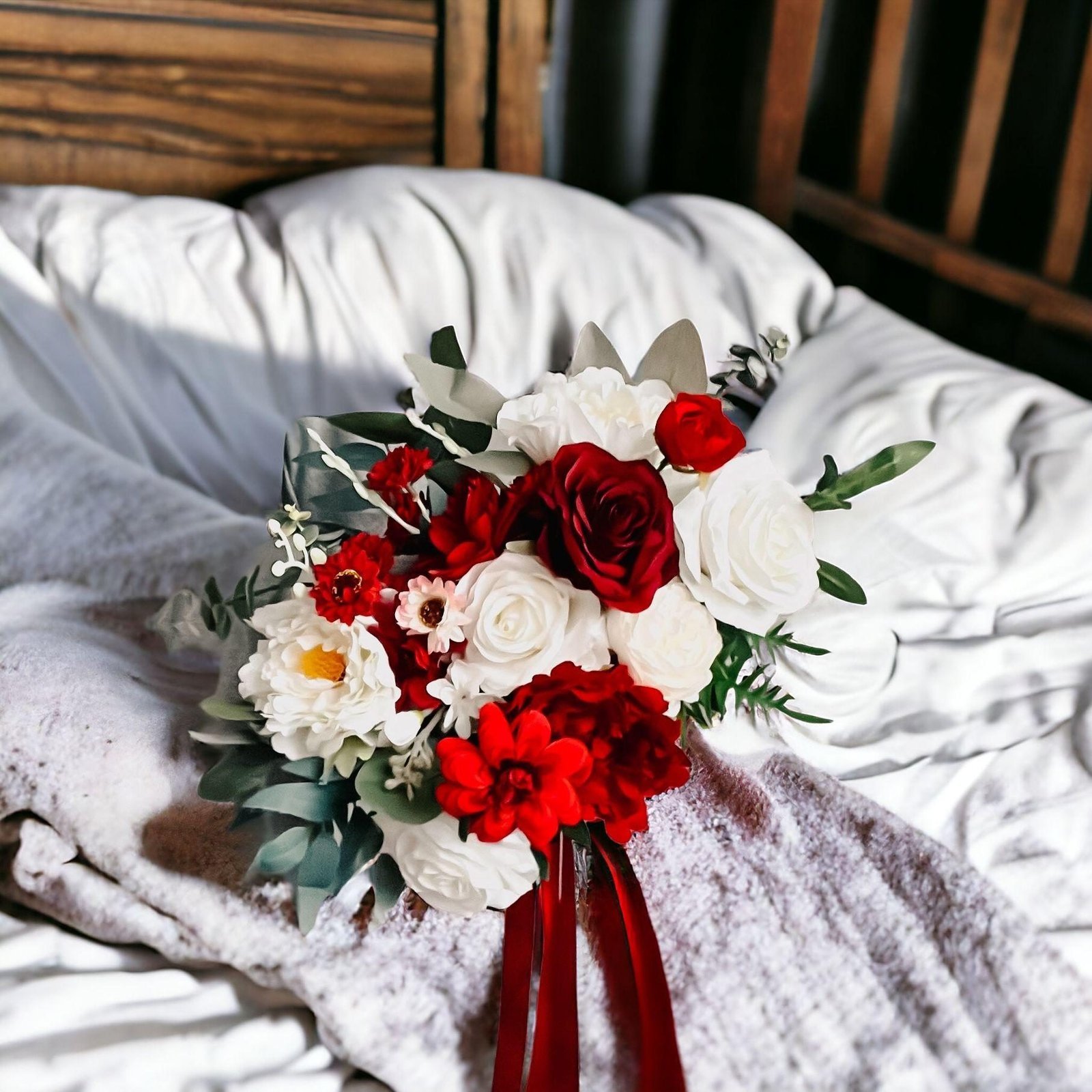 Thea dramatic · asymmetrical bridal bouquet in crimson, ivory, white and soft green — alternate view