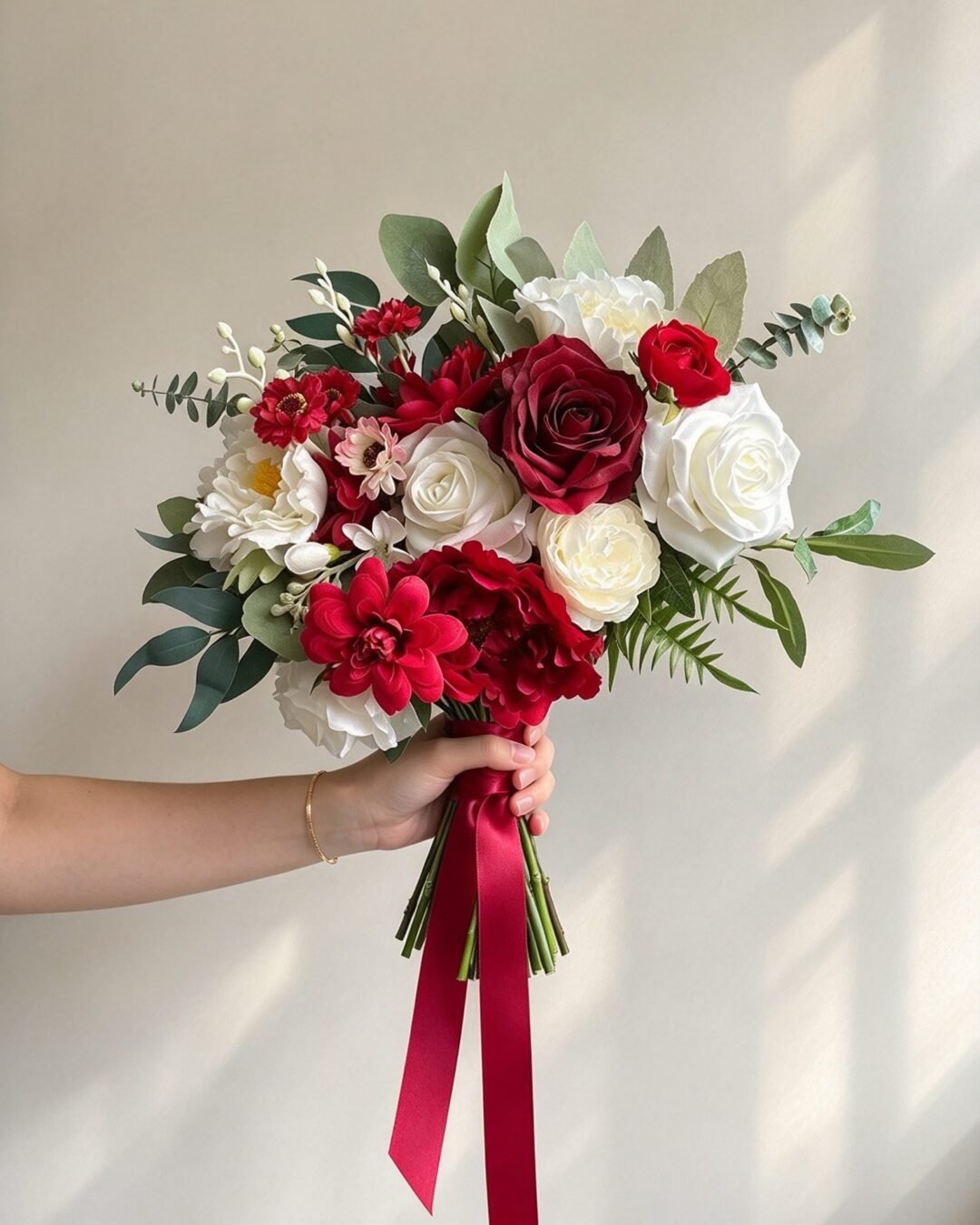 Thea dramatic · asymmetrical bridal bouquet in crimson, ivory, white and soft green