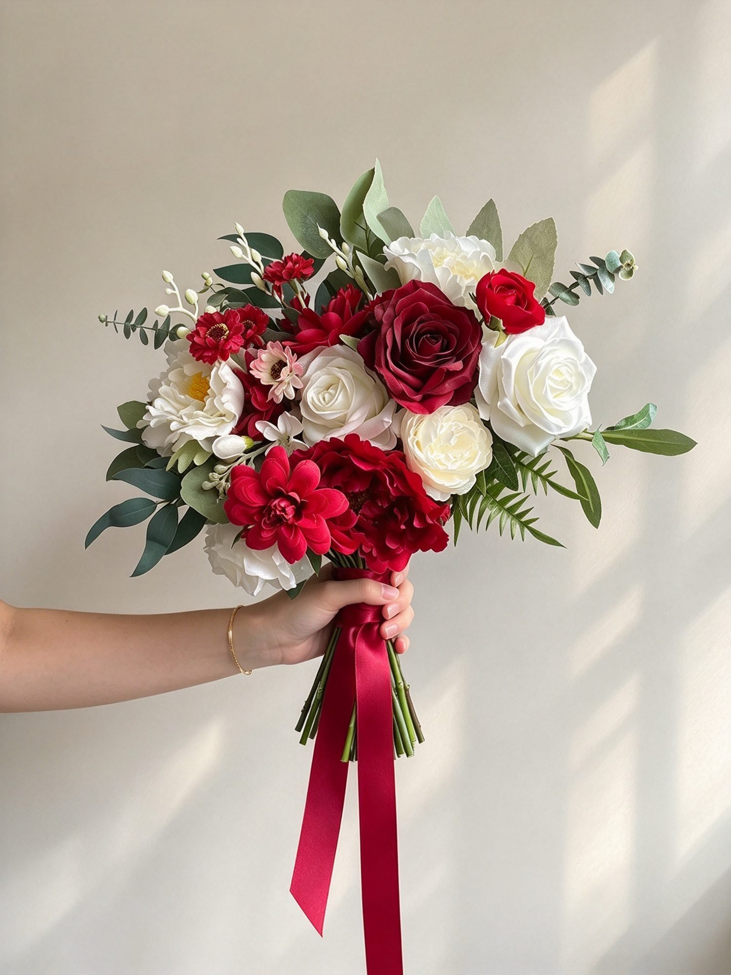 Thea dramatic · asymmetrical bridal bouquet in crimson, ivory, white and soft green