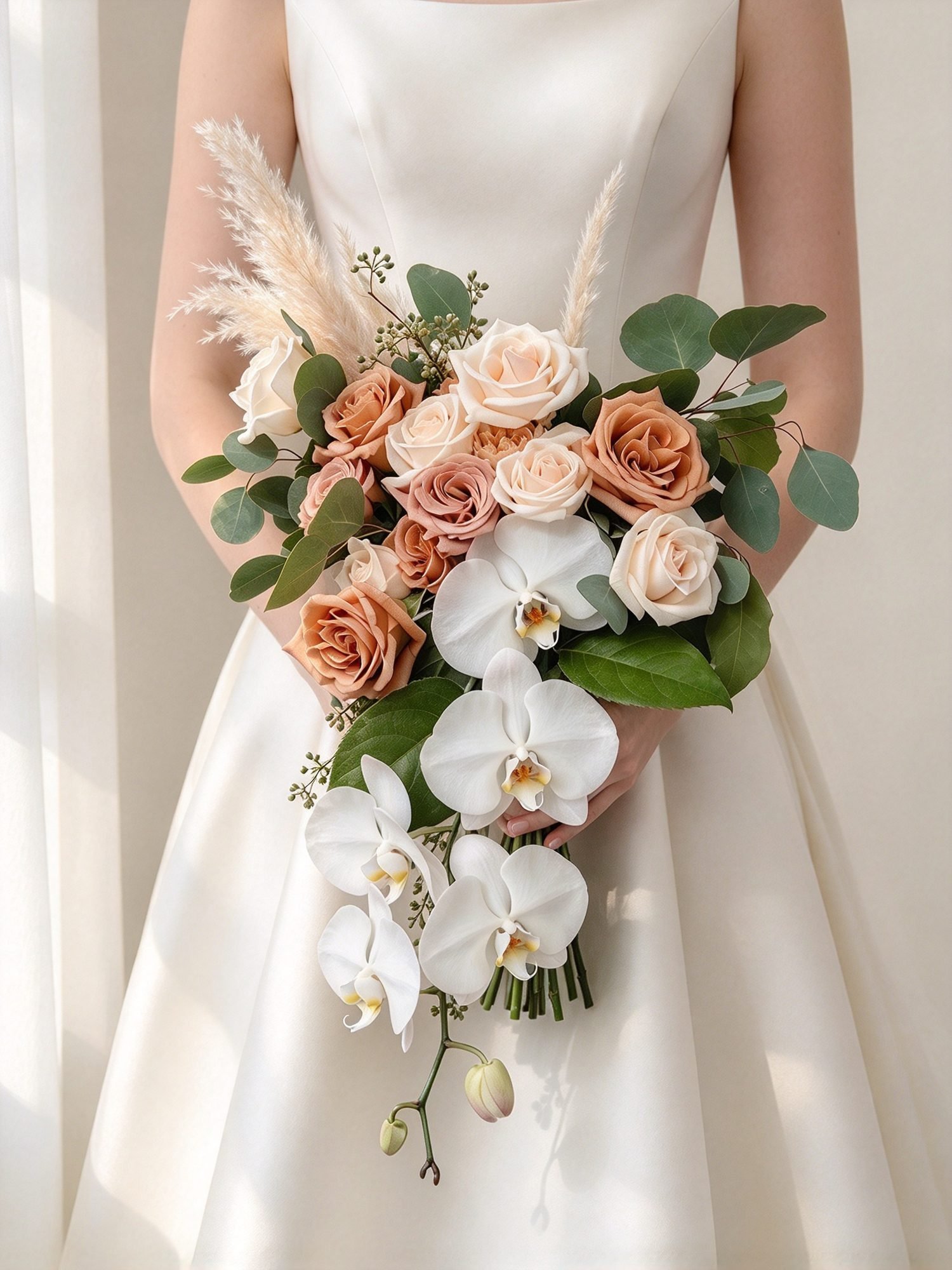 Toffee romantic · cascading bridal bouquet in ivory, toffee, blush and eucalyptus — detail view