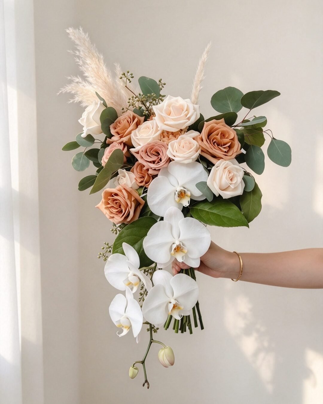 Toffee romantic · cascading bridal bouquet in ivory, toffee, blush and eucalyptus