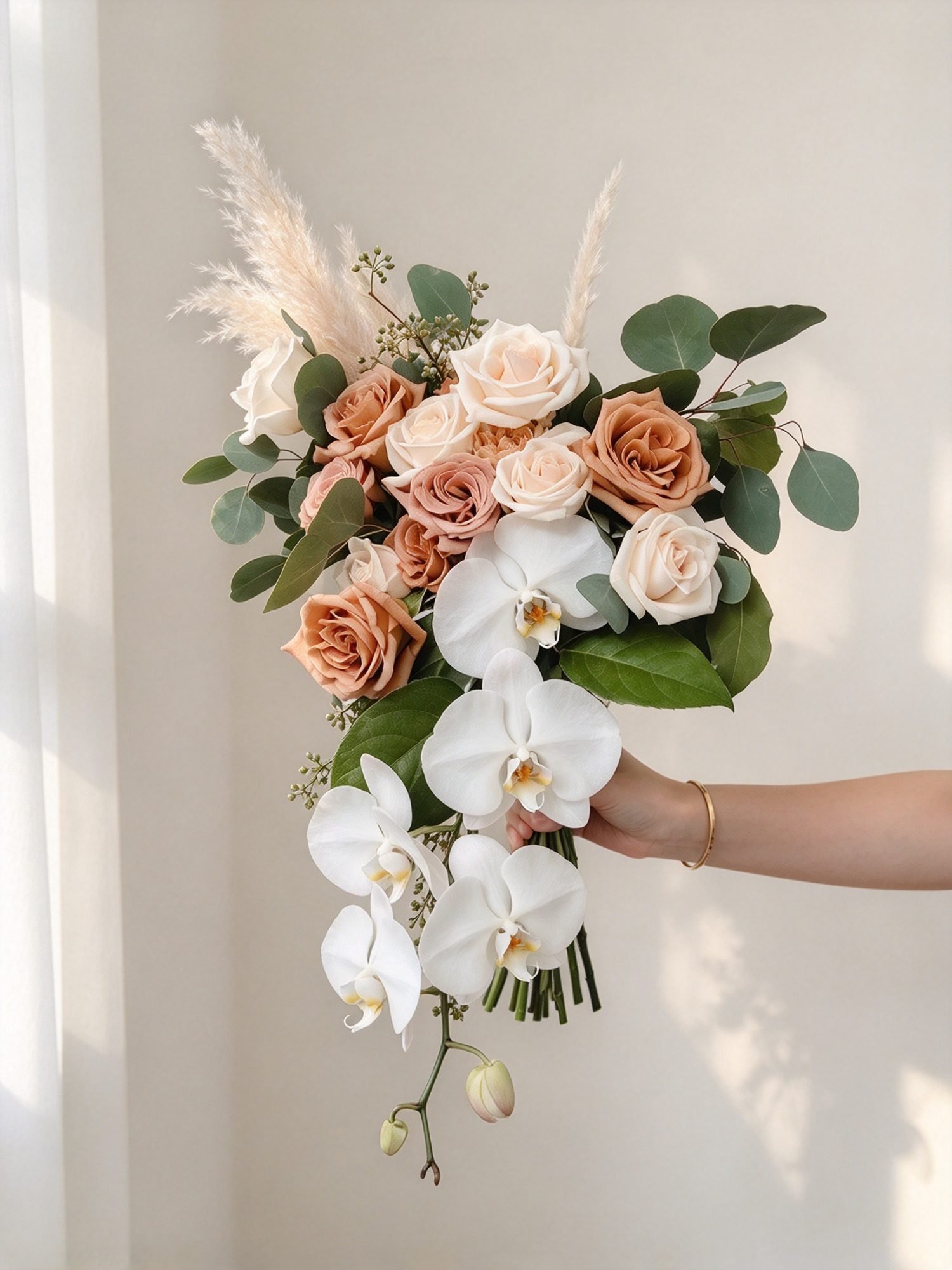 Toffee romantic · cascading bridal bouquet in ivory, toffee, blush and eucalyptus